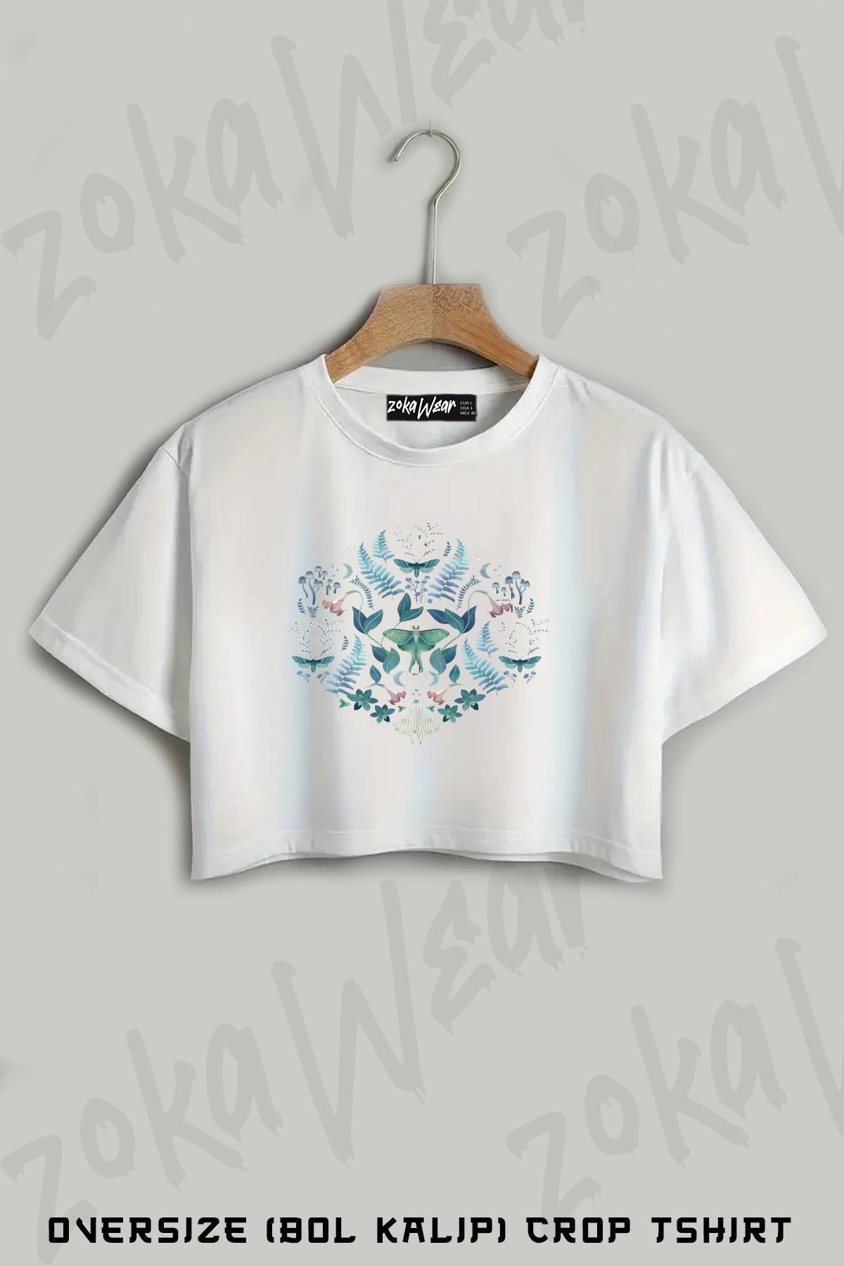 ZOKAWEAR Leafy Evening Moth Garden Damask Baskılı Oversize Crop T-Shirt