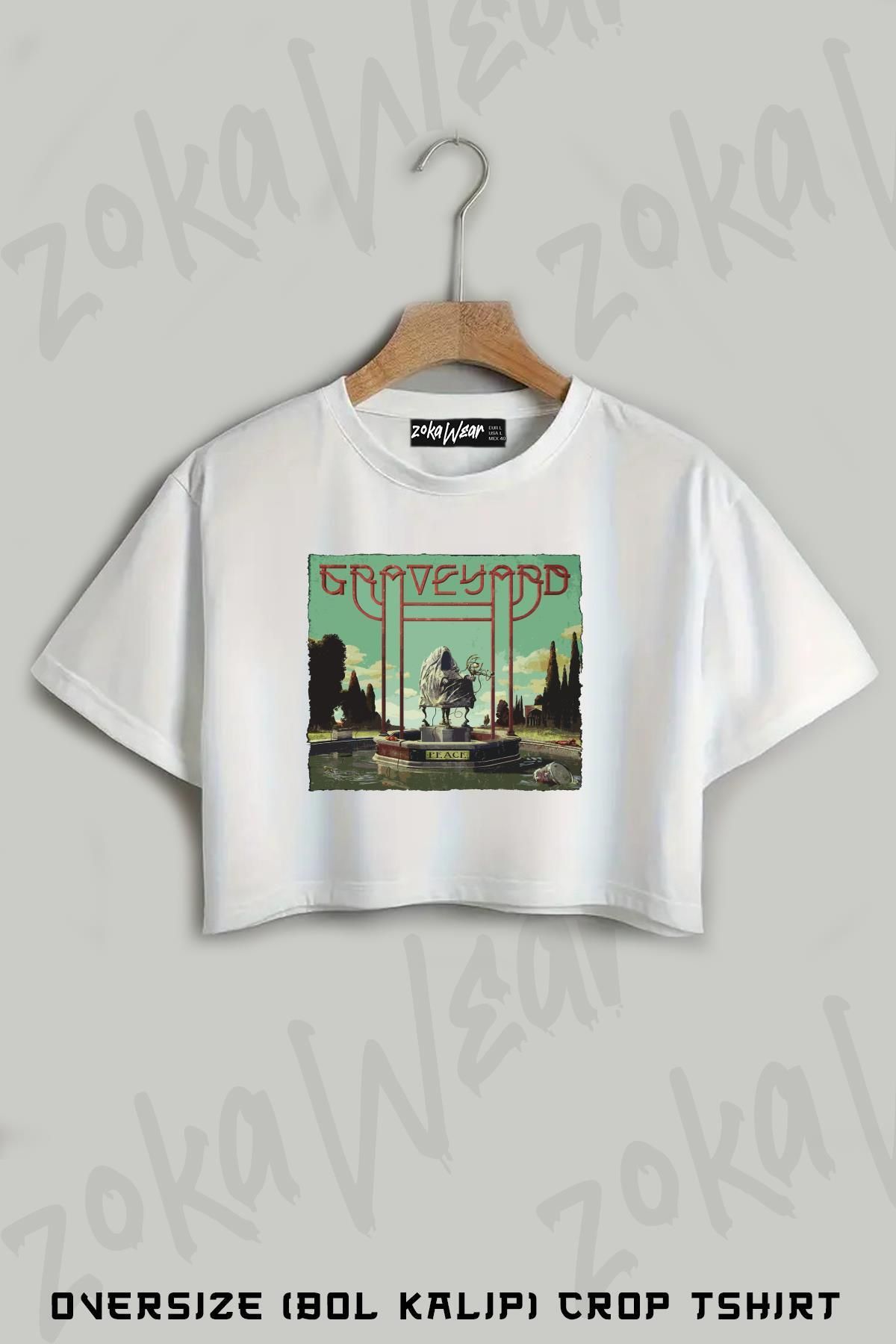 ZOKAWEAR Graveyard Baskılı Oversize Crop T-Shirt