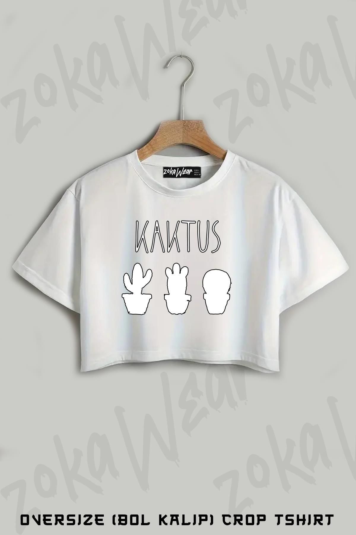 ZOKAWEAR Kaktüs Baskılı Oversize Crop T-Shirt