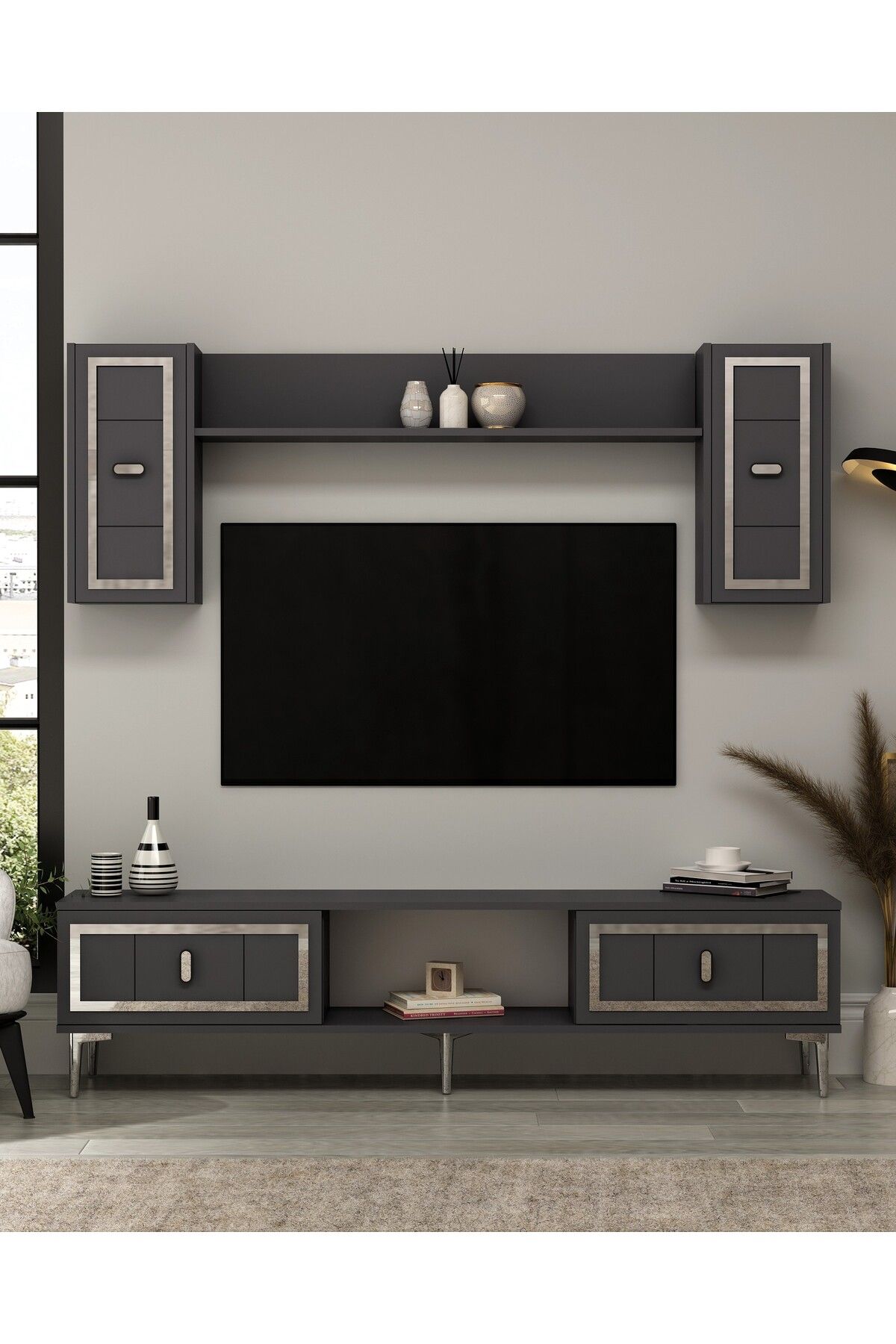 DemonteHome ORİONDH TV ÜNİTESİ TAKIMI ANTRASİT-GÜMÜŞ