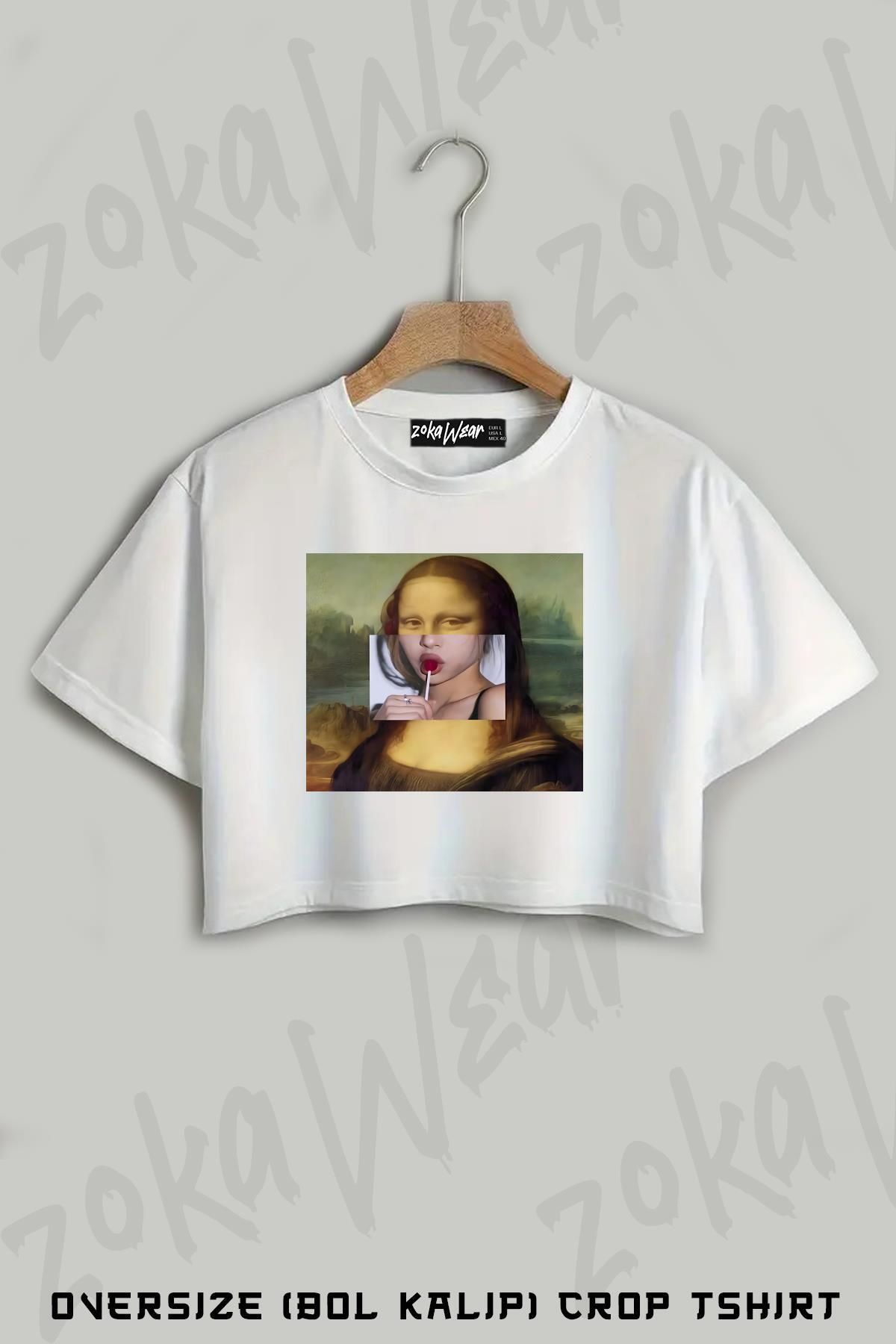 ZOKAWEAR Mona Lisa Lollipop Baskılı Oversize Crop T-Shirt