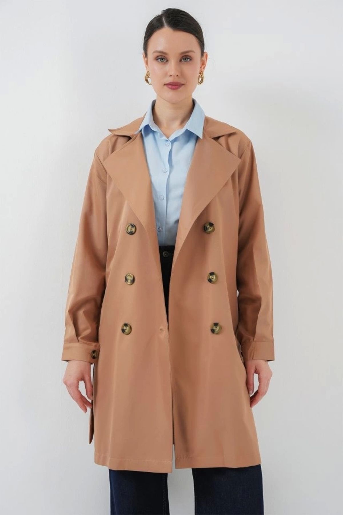 Butik 5864 Kruvaze Yaka Kısa Trençkot - Taba