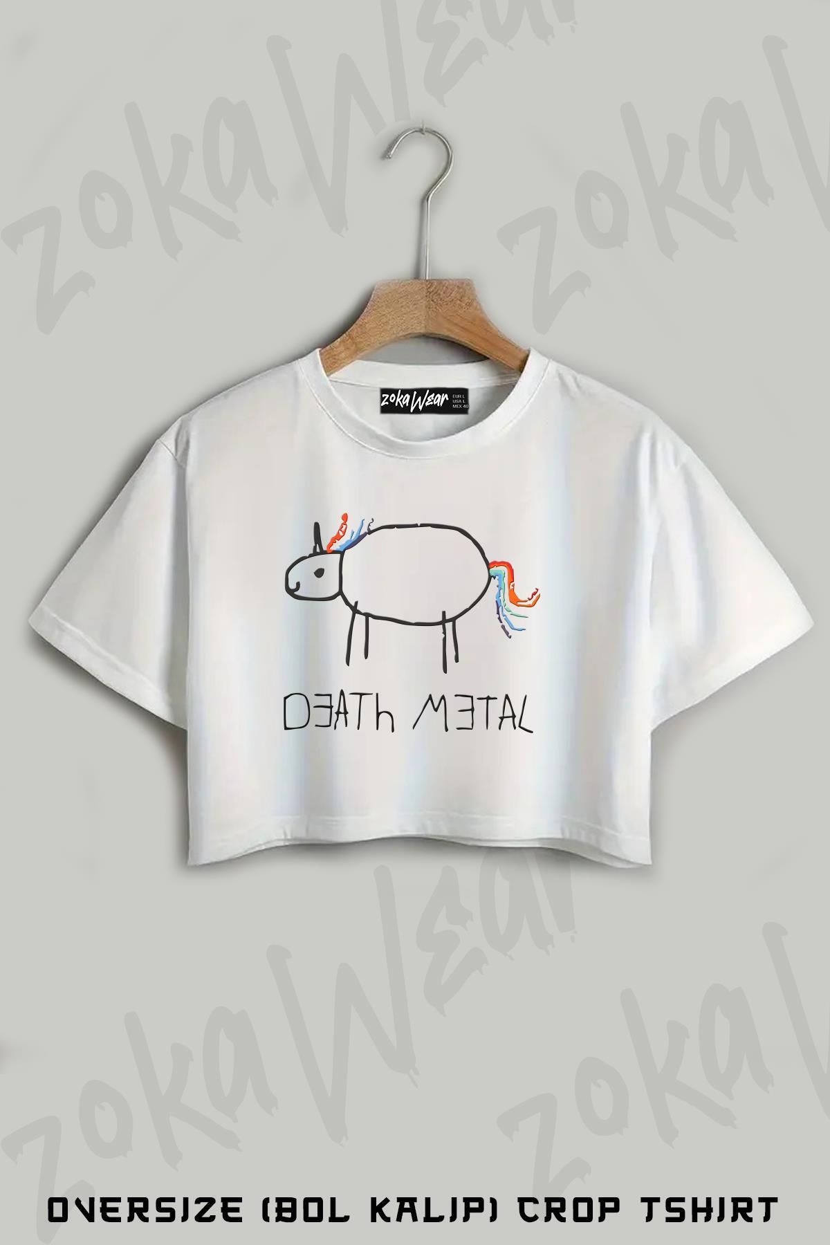 ZOKAWEAR Death Metal Unicorn Baskılı Oversize Crop T-Shirt