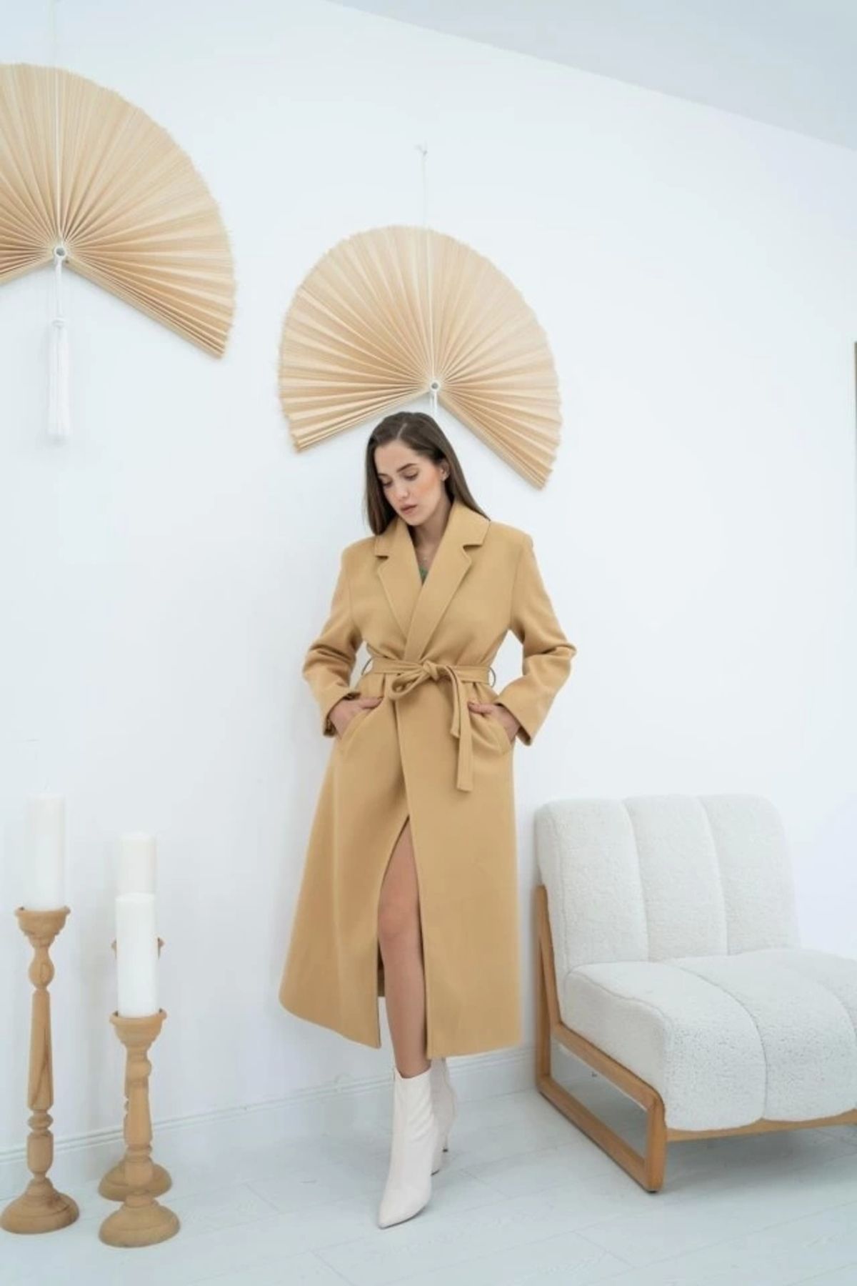 Butik Camel Kuşaklı Midi Kaban