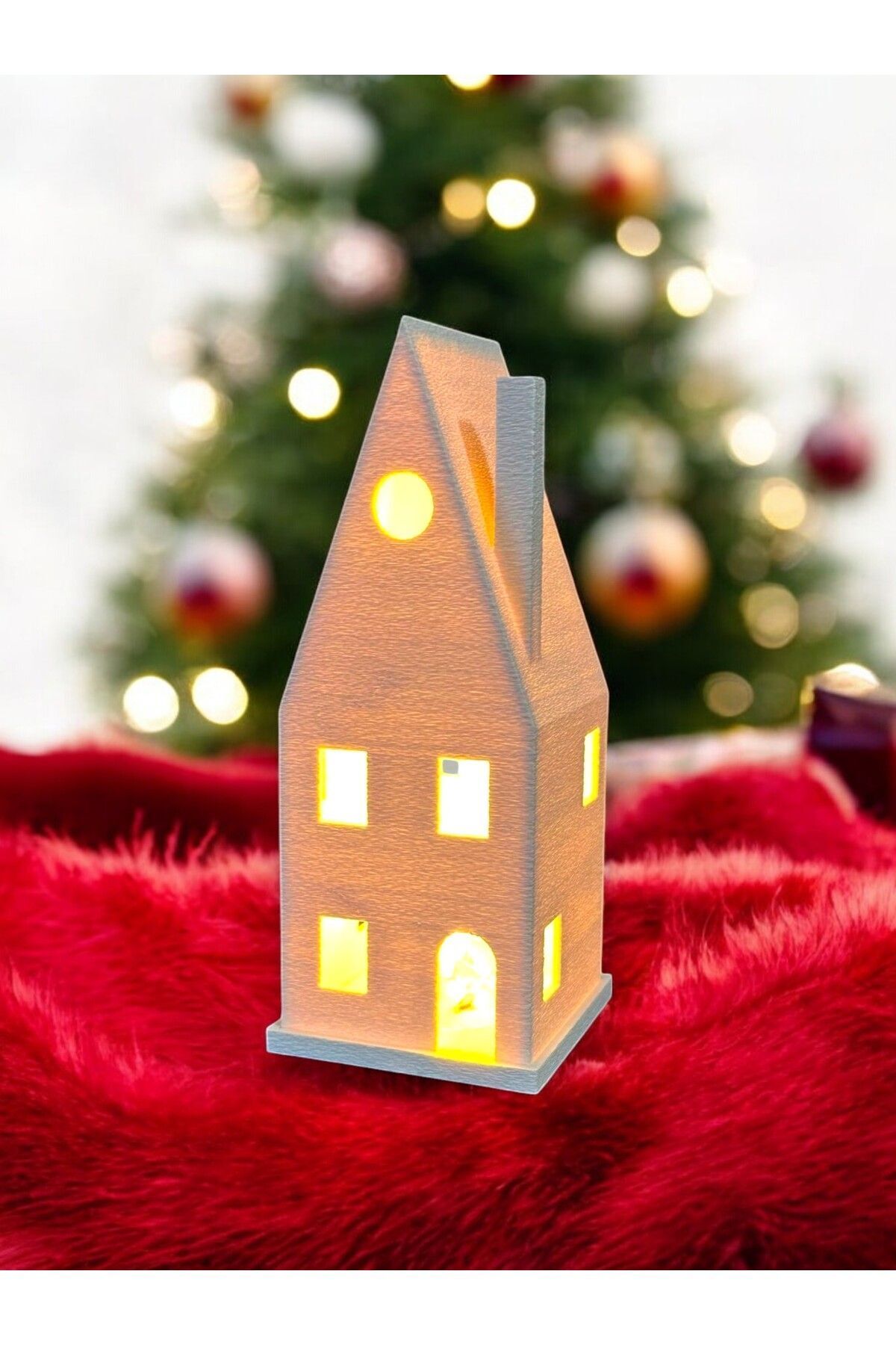 SerenityHaven Alev Efektli Led Mum Işıklı Mini Ev, Yılbaşı Ev Dekoratif