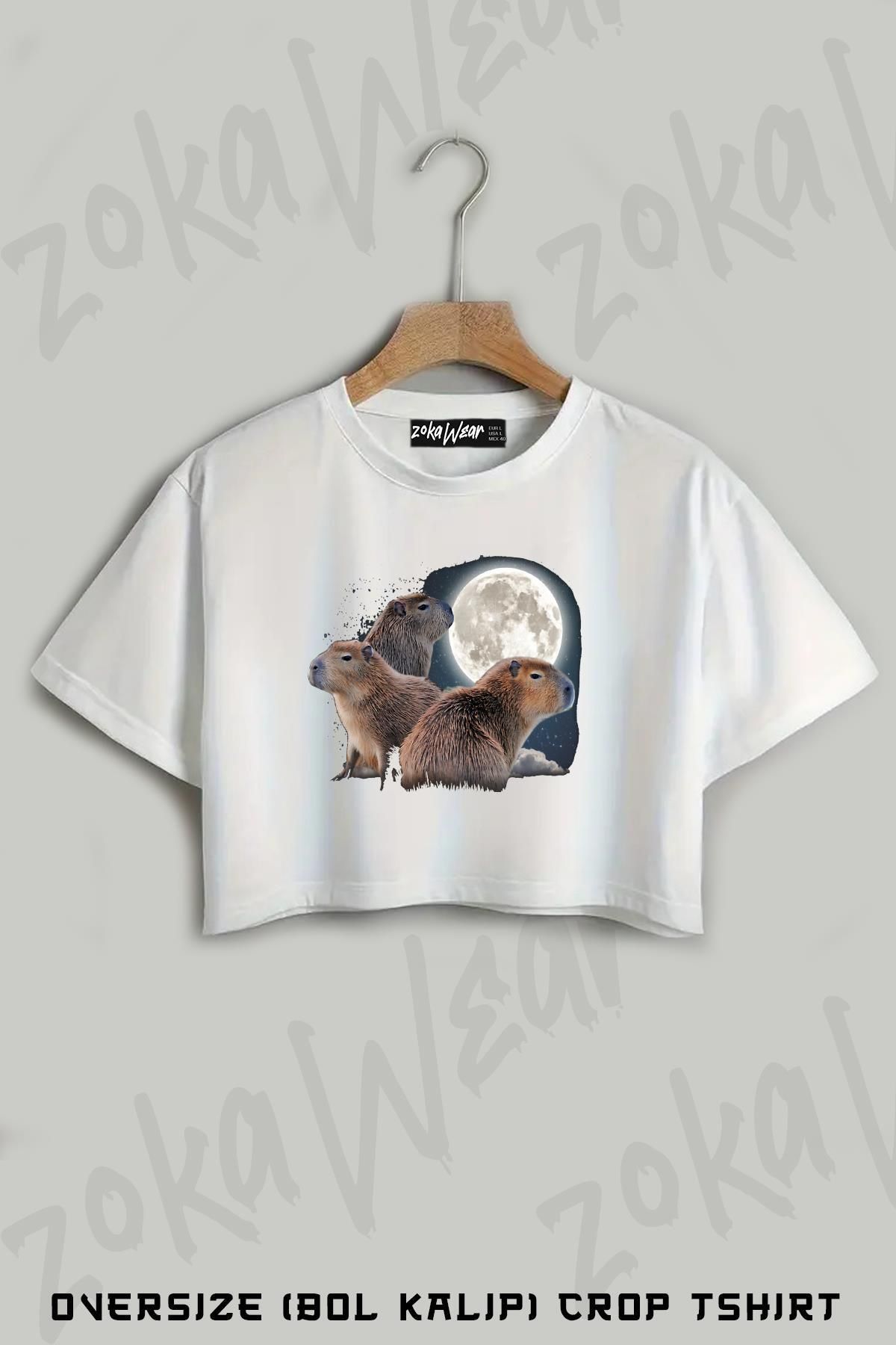 ZOKAWEAR Three Capybaras And Moon Baskılı Oversize Crop T-Shirt