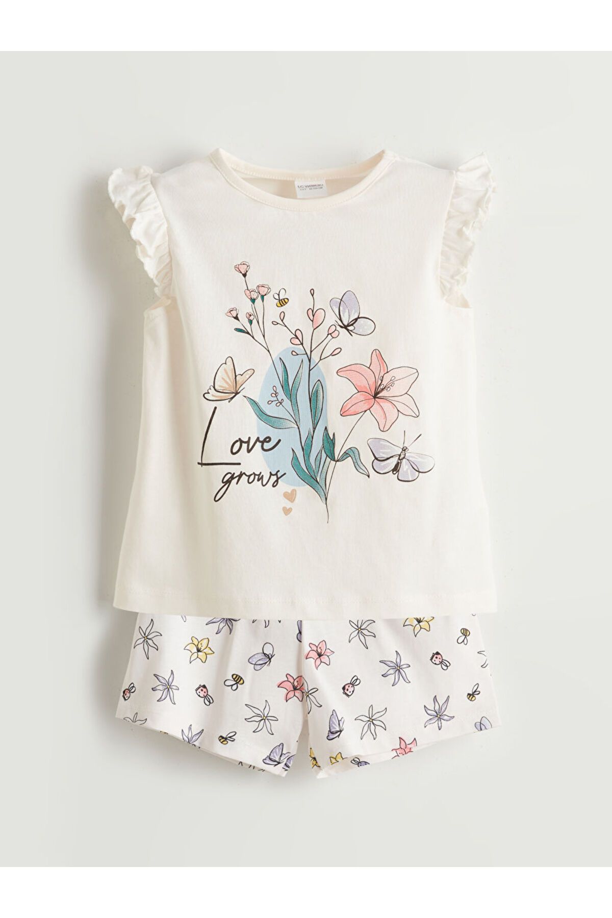 LC Waikiki LCW Kids Ekru Çiçekli Kız Çocuk Şortlu Pijama Takım