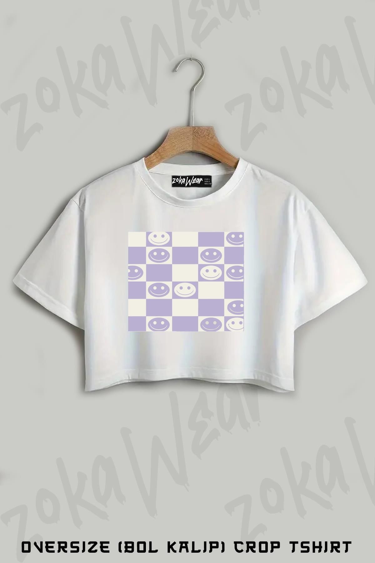 ZOKAWEAR Lilac Smiley Check Vintage Baskılı Oversize Crop T-Shirt