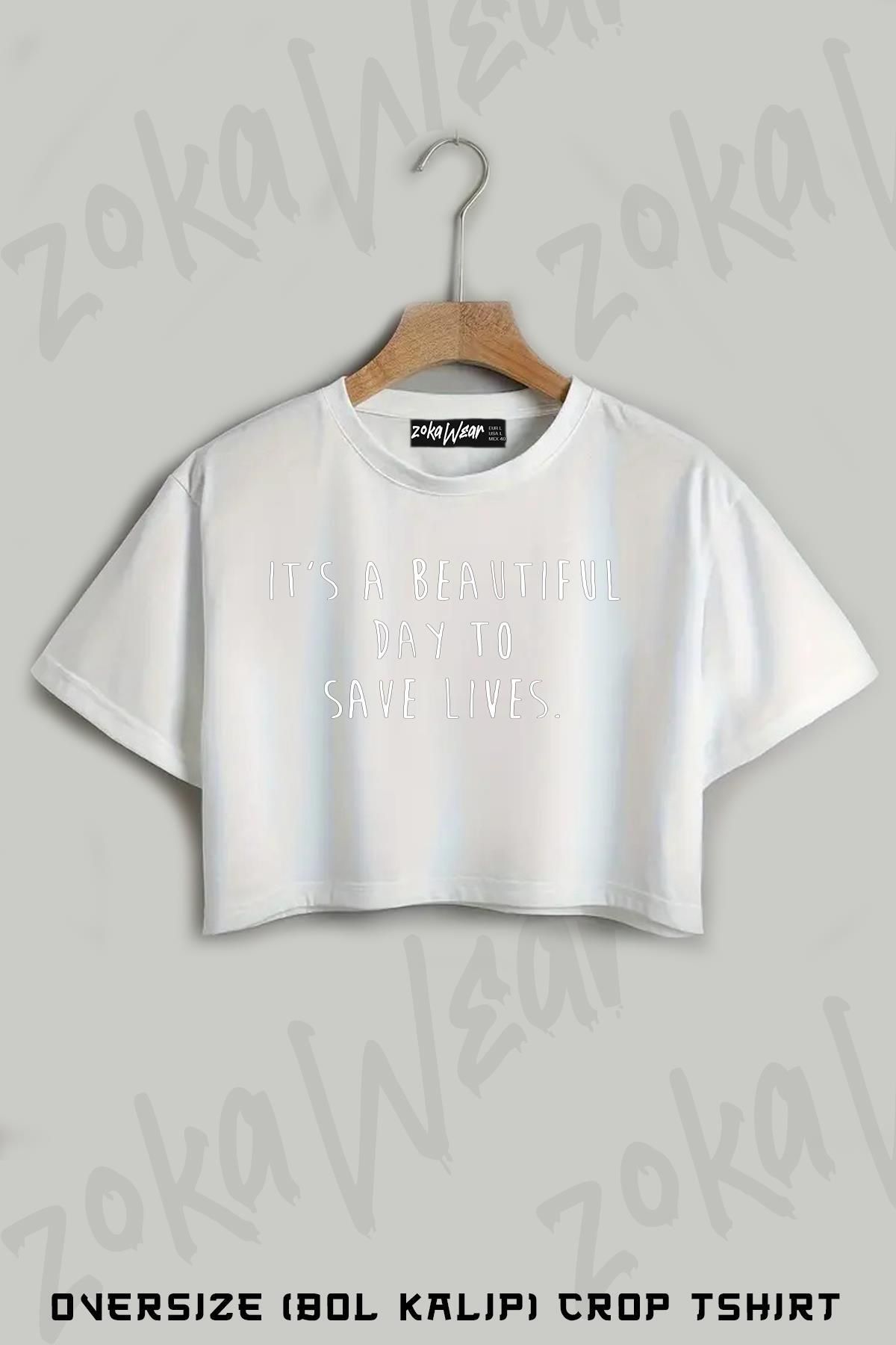 ZOKAWEAR Grey's Anatomy Save Lives Baskılı Oversize Crop T-Shirt