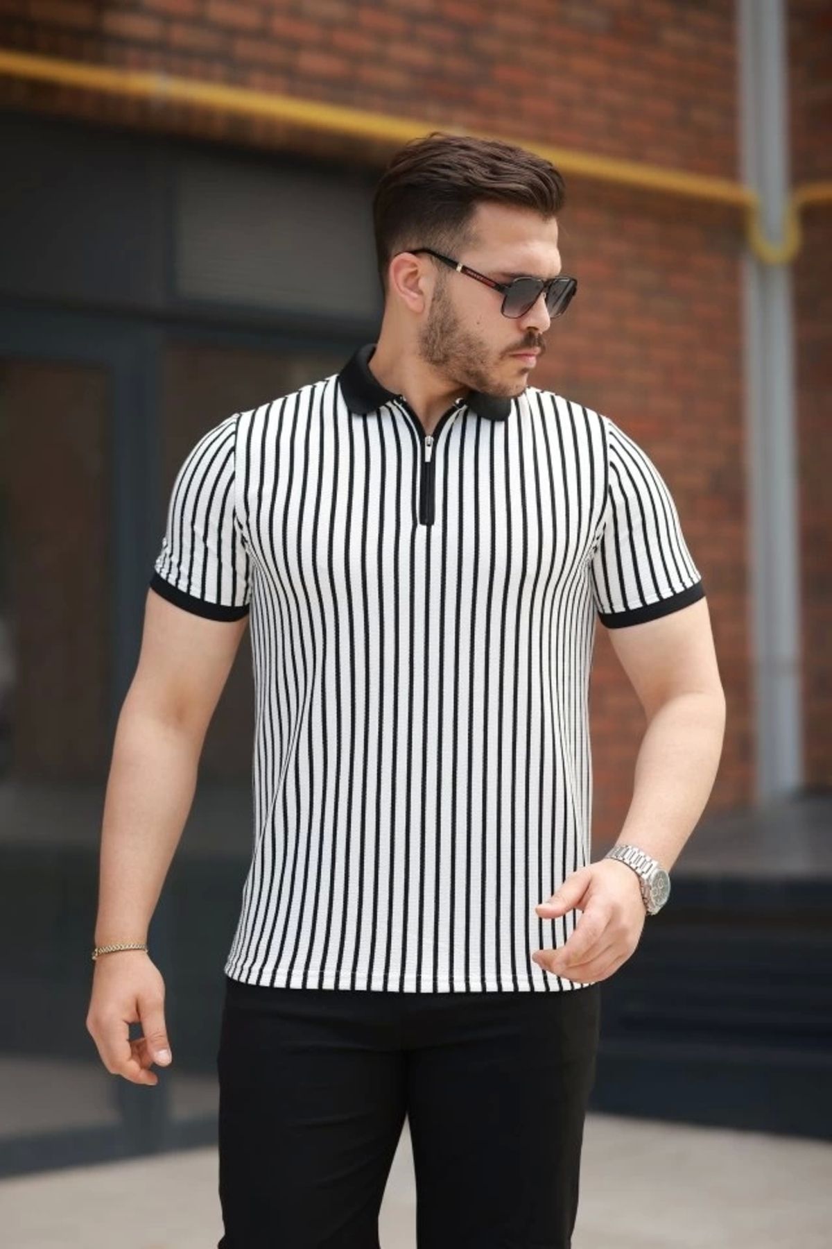 Butik Erkek çizgili Fermuar Yakalı Kısa Kollu Tişört