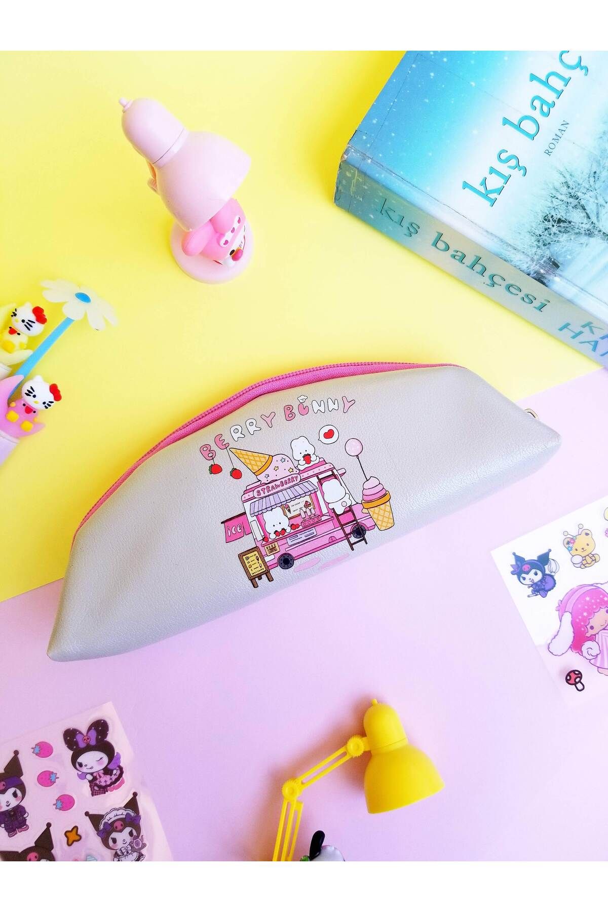 şengül takı evi Dondurma Çilek Tavşan Bunny Şirin Kawai Okul Suni Deri Kalem Kutusu Kalemlik