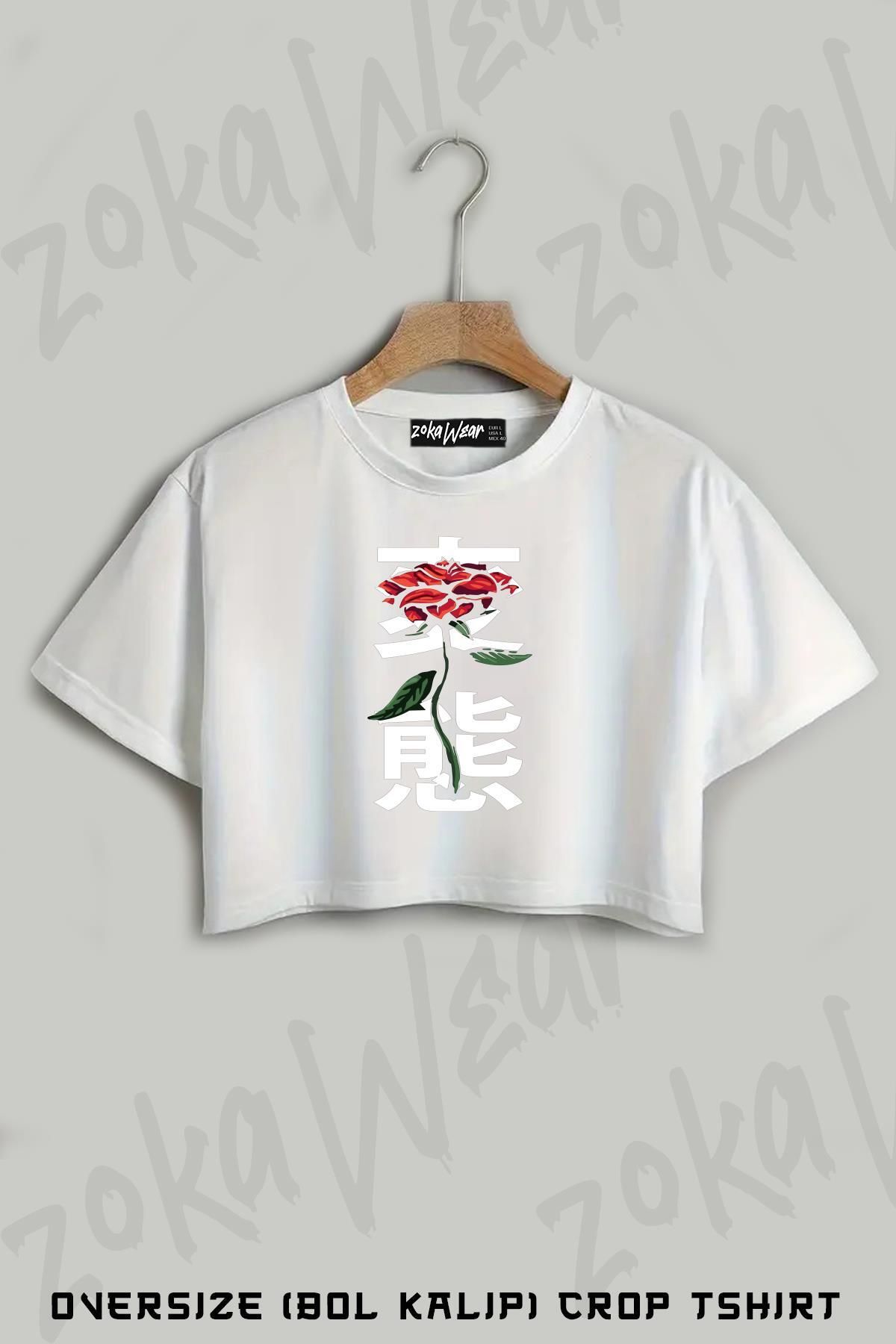 ZOKAWEAR Japon Alfabesi ve Çiçek Baskılı Oversize Crop T-Shirt