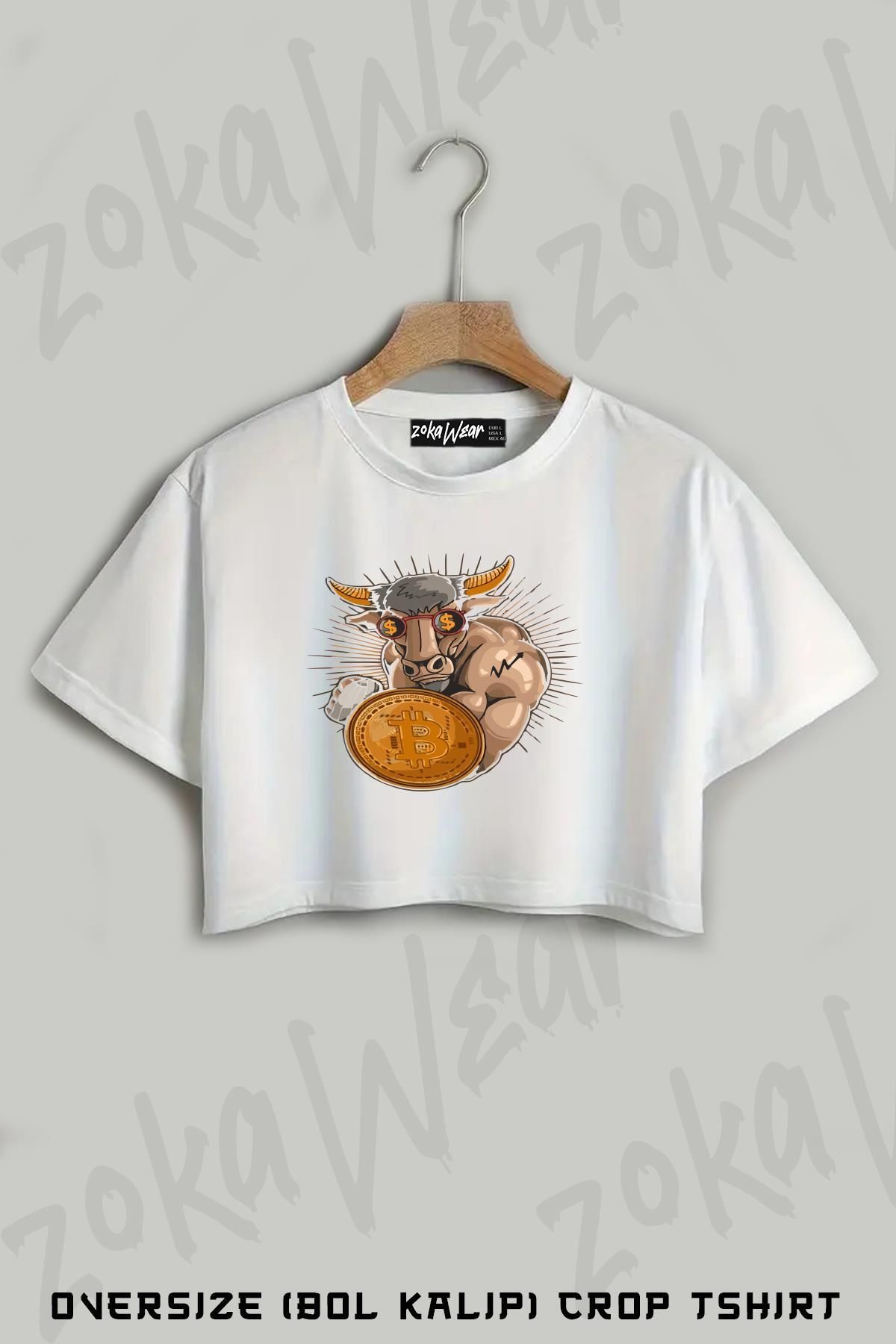 ZOKAWEAR Bitcoin Coin Kripto Para Boğa Baskılı Oversize Crop T-Shirt
