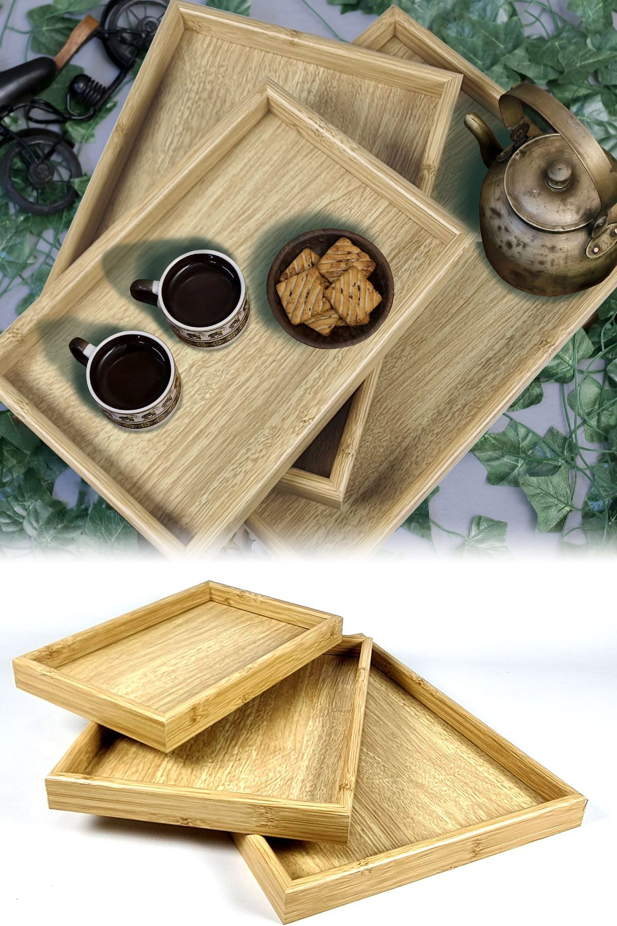 Binbirreyon Doğal Bambu Tepsi Seti 3 Adetli Servis Tepsisi 40x30cm RA233