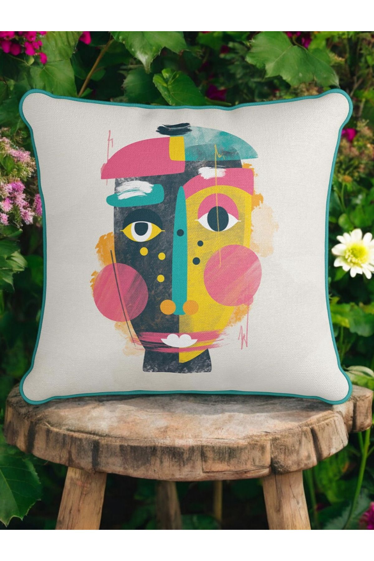 ASDİVA Soyut Yüz Desen Mavi Biyeli Kadife Dokulu Dekoratif Kırlent Kılıfı 43x43