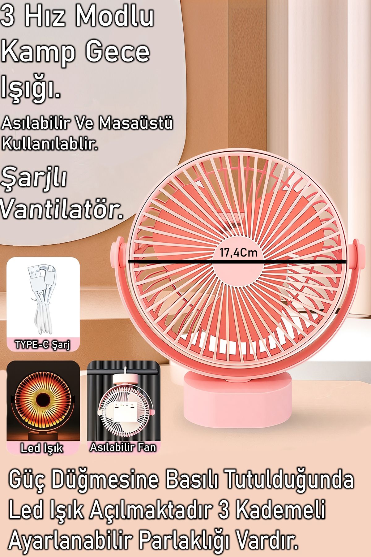 nextbuy Şarjlı 3 Hız Turbo Kademeli Kamp Ve Masaüstü Uyumlu Asmalı Işıklı Vantilatör Pembe Lambası FanHR2330
