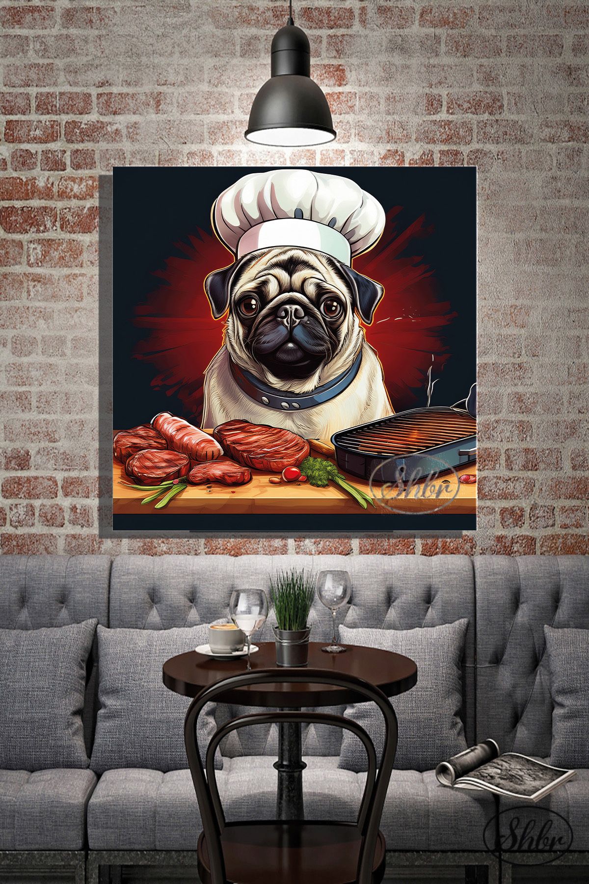 Şehber Tekli Kare Kanvas Dekoratif Duvar Tablosu , Ahçı Izgara Yapan Köpek, Pug,