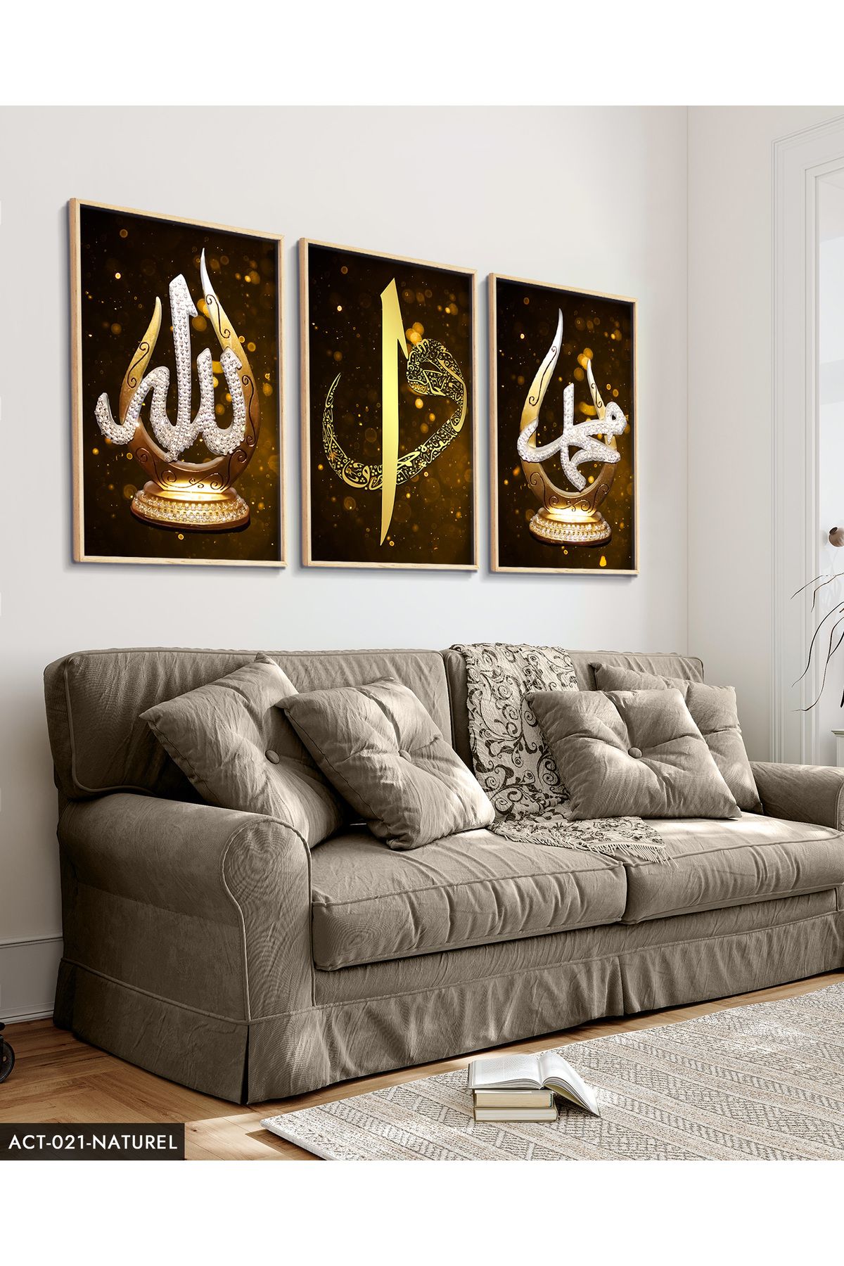 Evinemoda Allah, Muhammed, Elif Vav, Gold, 3 Parça Ahşap Çerçeveli Tablo ACT