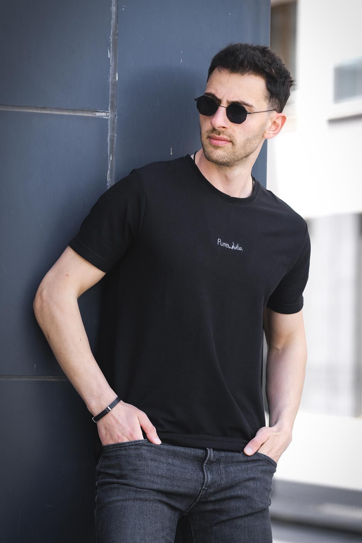 Oksit Pure Slim Fit Waffle Kumaş Bisiklet Yaka Baskılı Erkek Tshirt