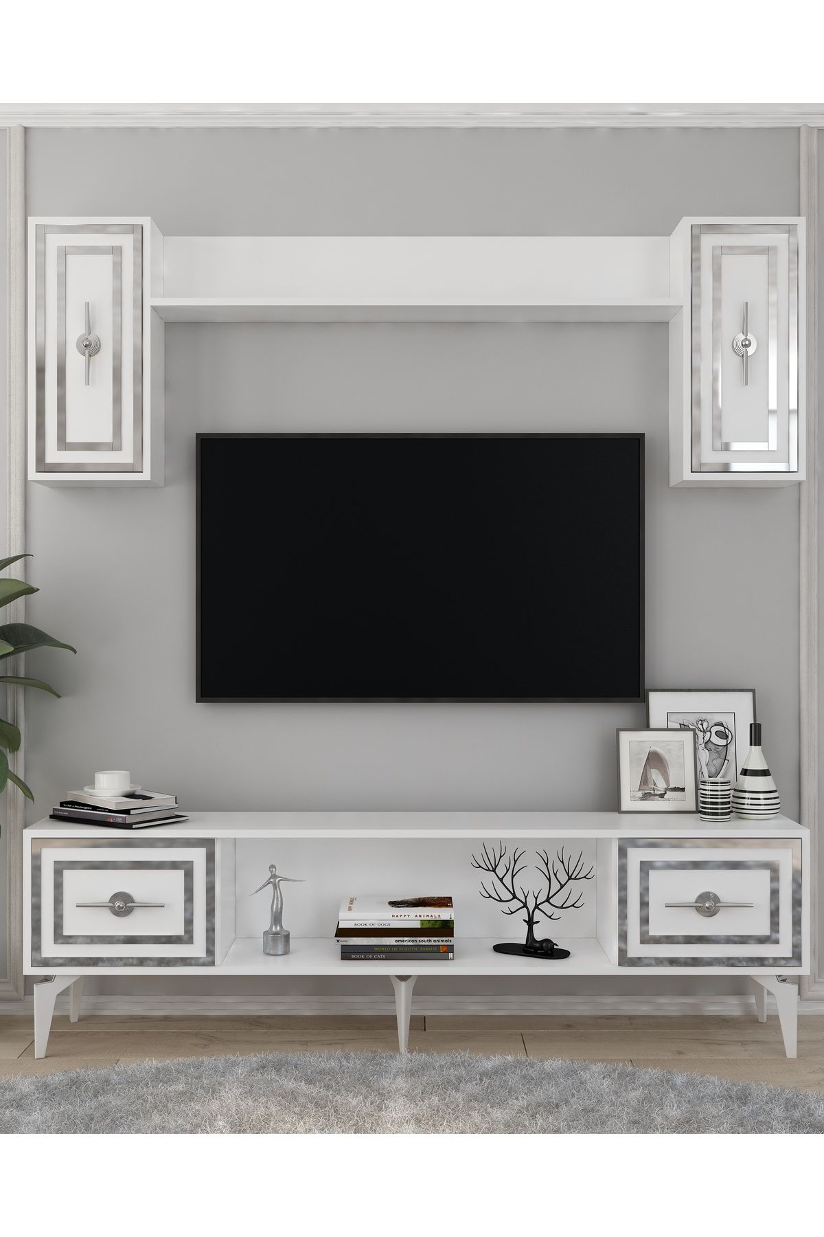 DemonteHome SAMBADH 180 CM TV ÜNİTESİ TAKIMI BEYAZ-GÜMÜŞ
