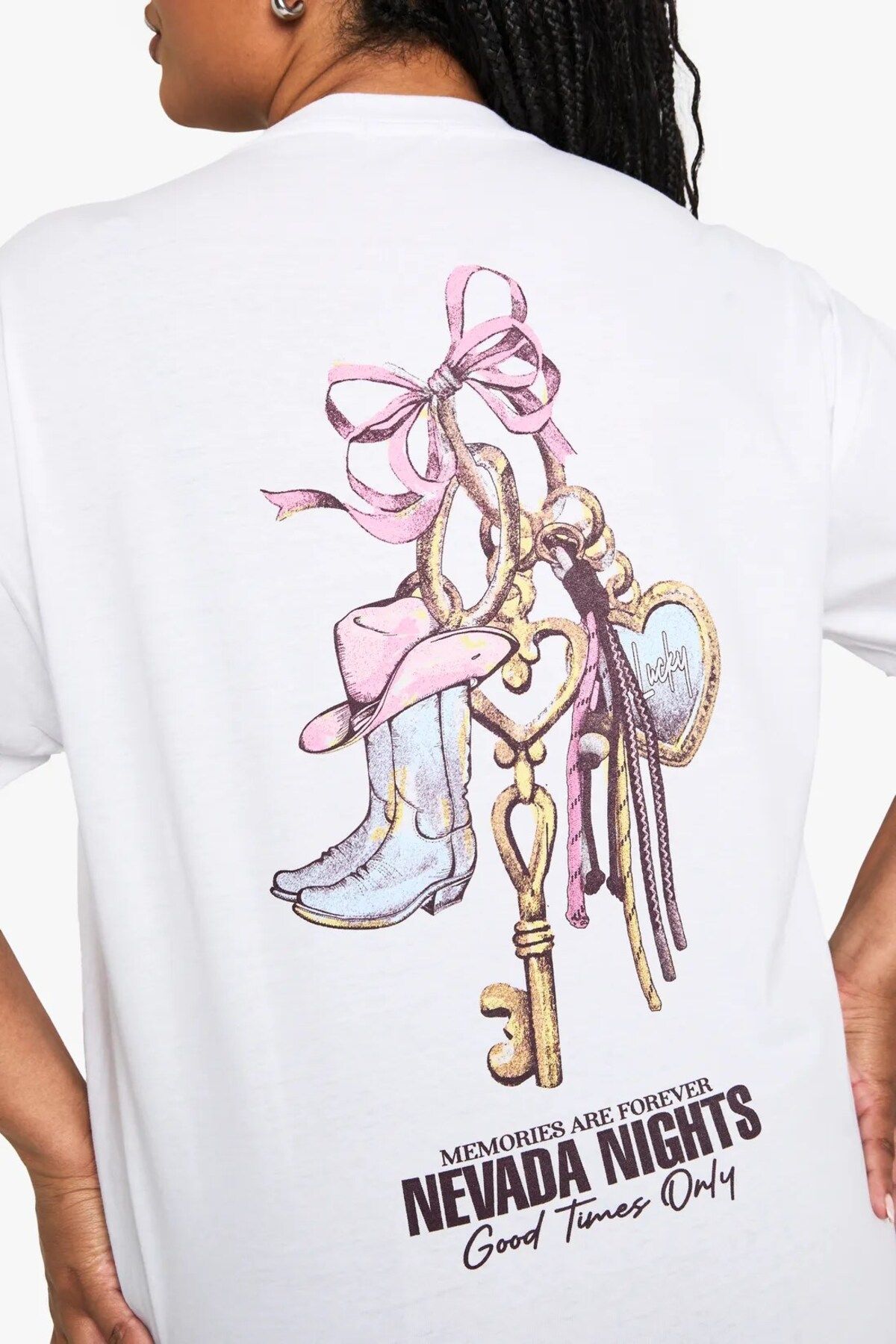 The Champ Clothing Büyük Beden Kadın Tişört %100 Pamuk Nevada Nights Baskılı Beyaz Oversize Yazlık