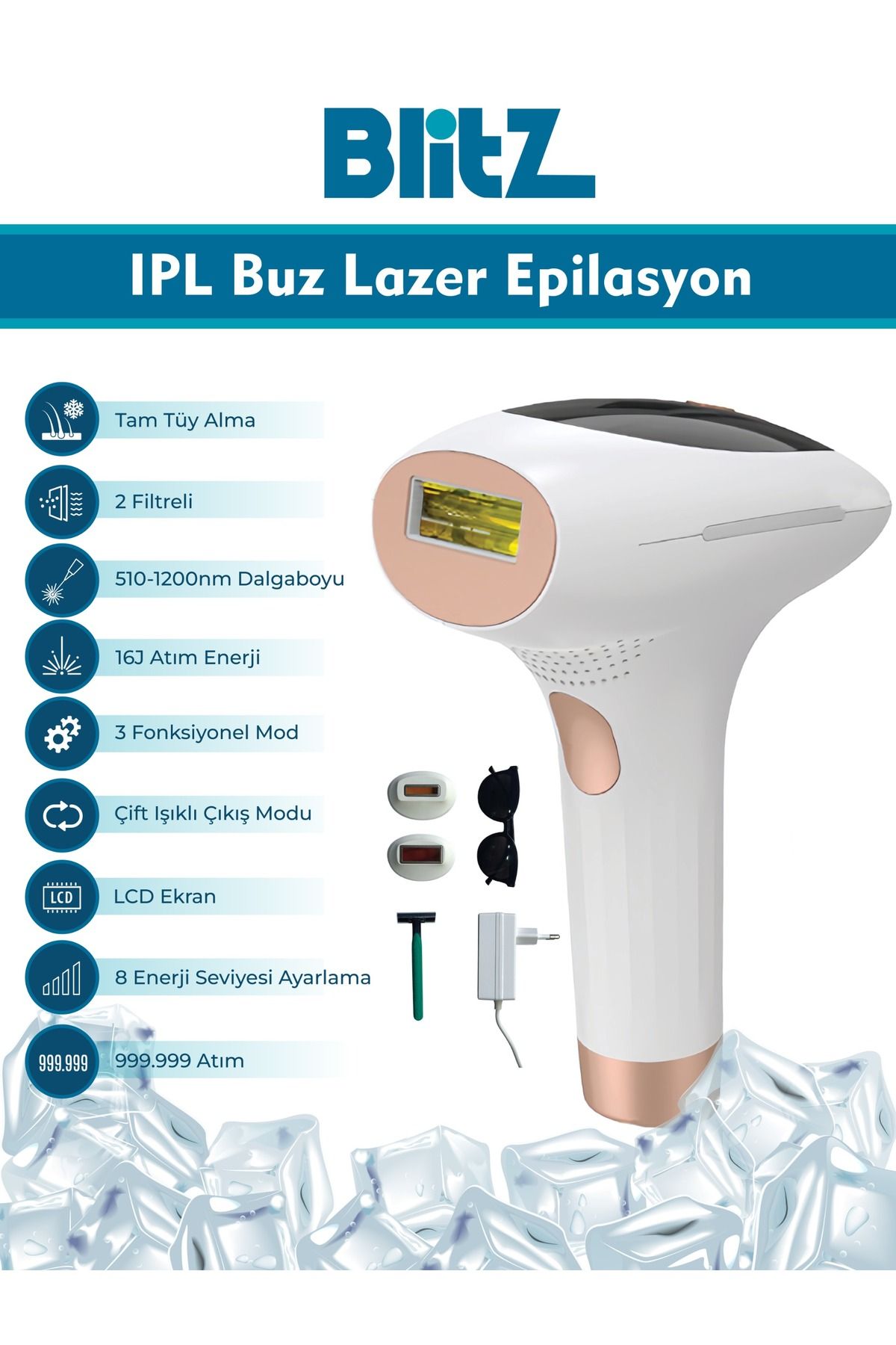 Blitz IPL Buz Lazer Epilasyon 999.999 Atım Otomatik / Manuel Led Ekran Ağrısız Vucüt Yüz Cihazı