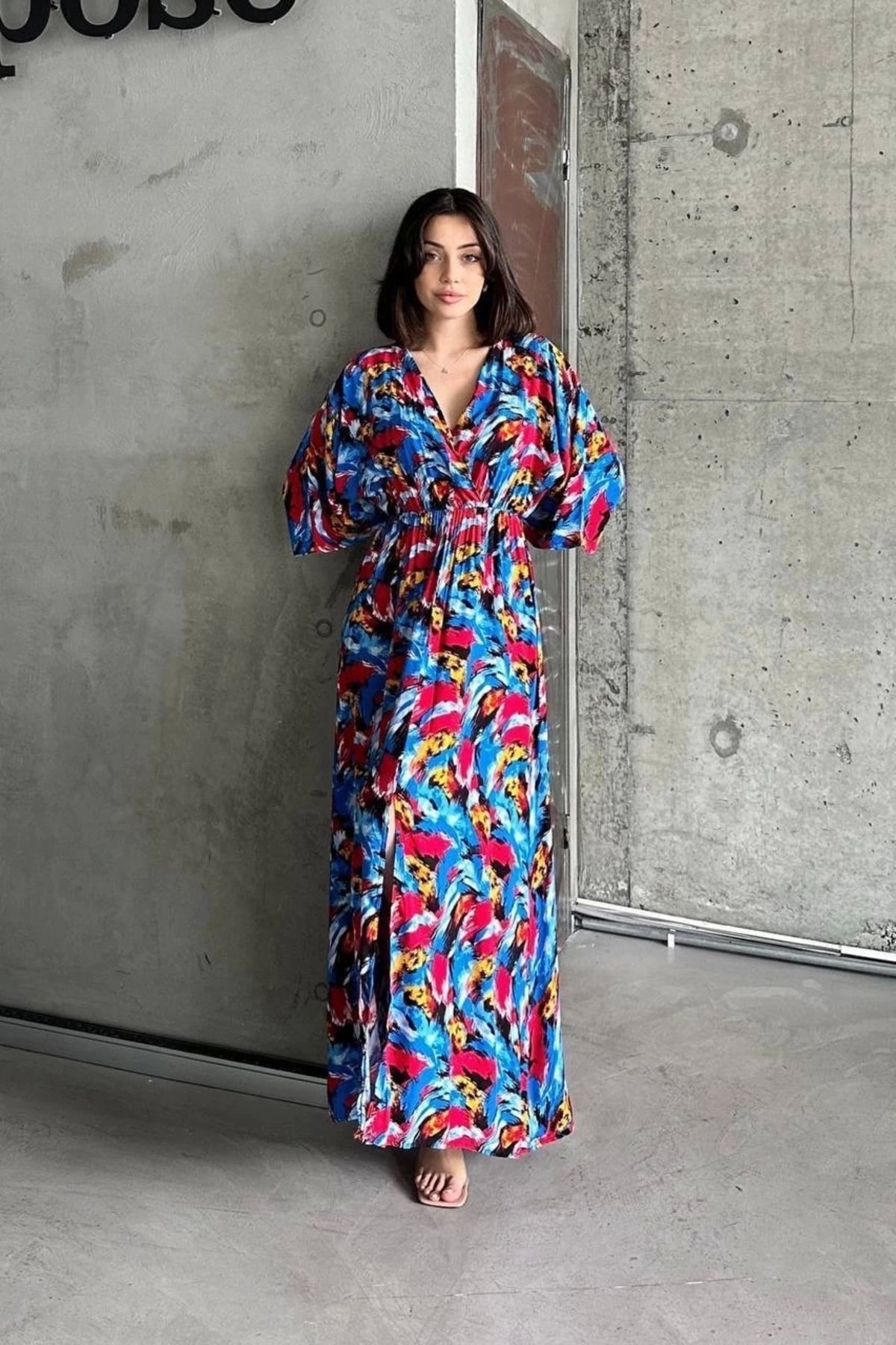 BellevieStore Dokuma baskılı yarasa kol elbise s8124