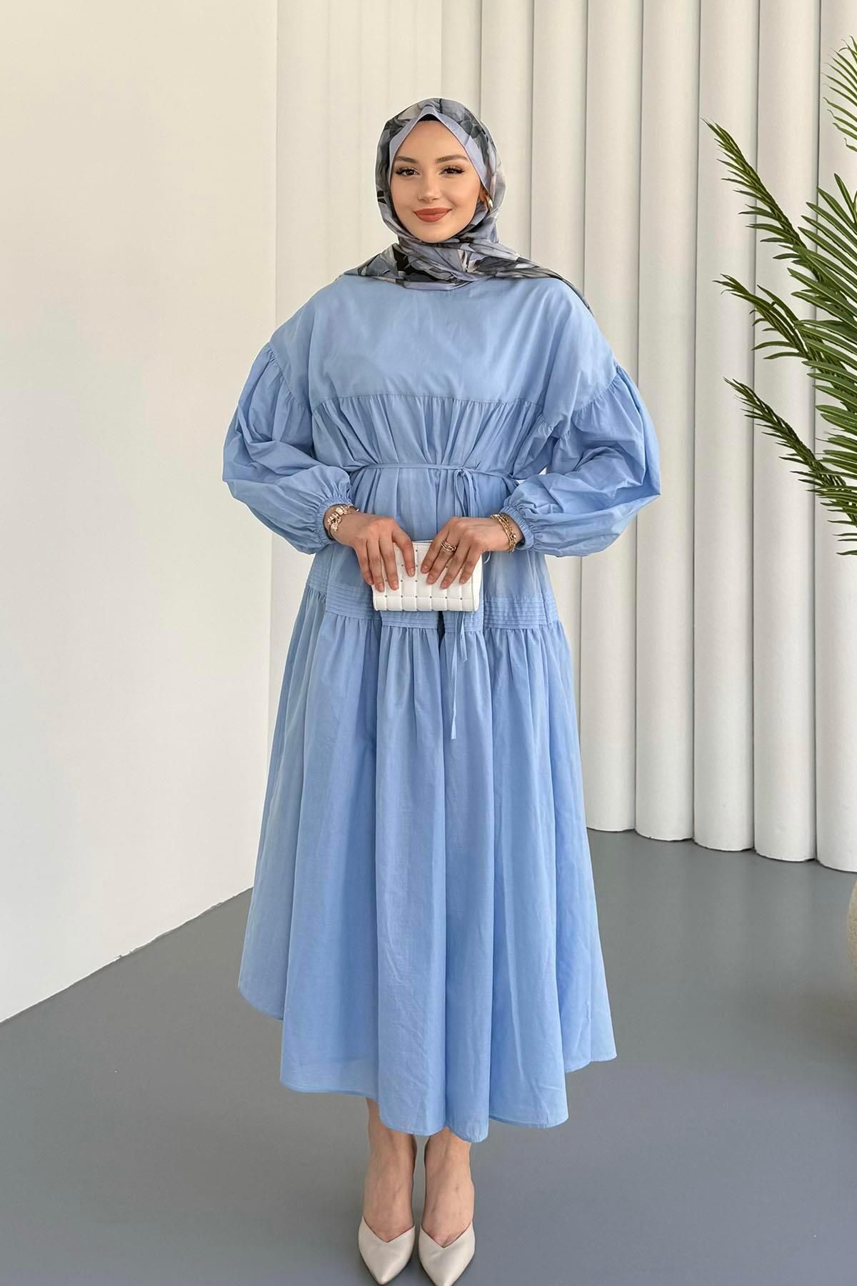 Modaensarbutik Balon Kol Biye Kemerli Oversize Tesettür Elbise-MAVİ
