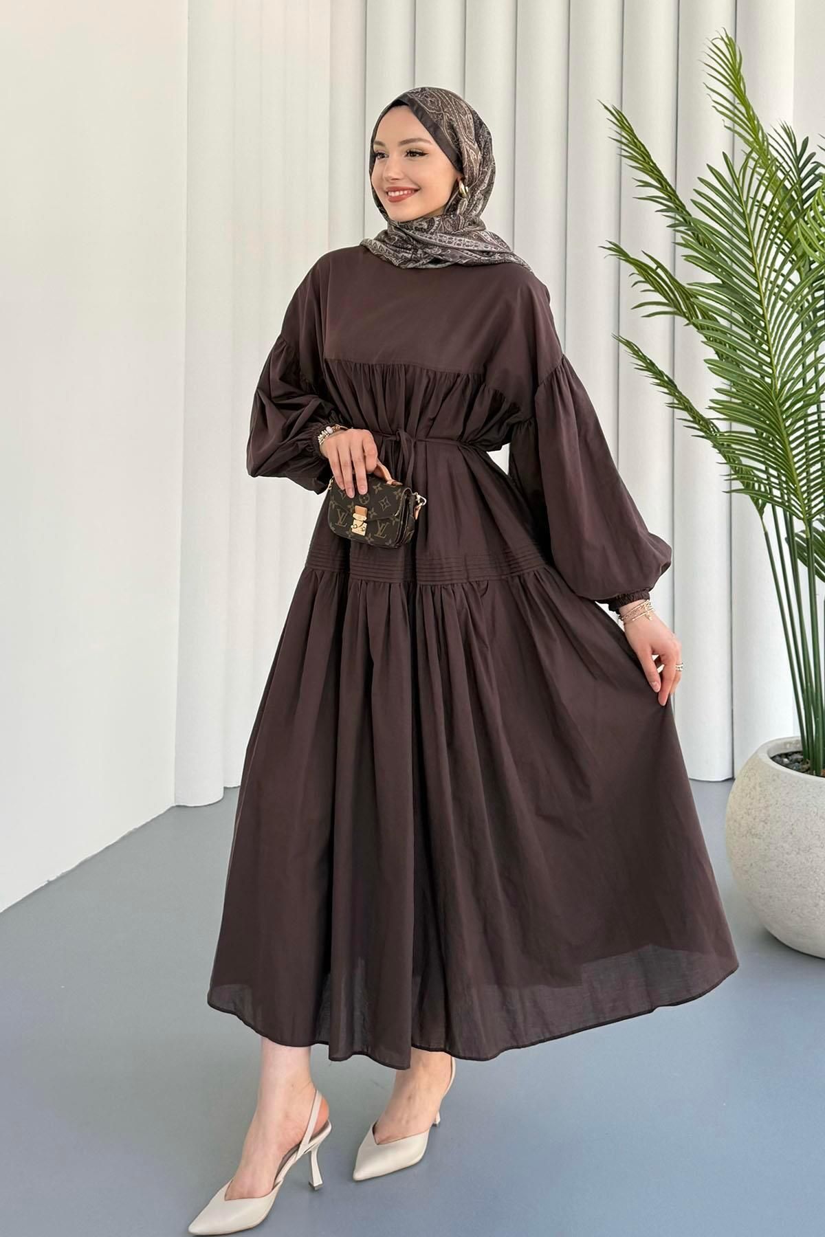 Modaensarbutik Balon Kol Biye Kemerli Oversize Tesettür Elbise-kahverengi̇