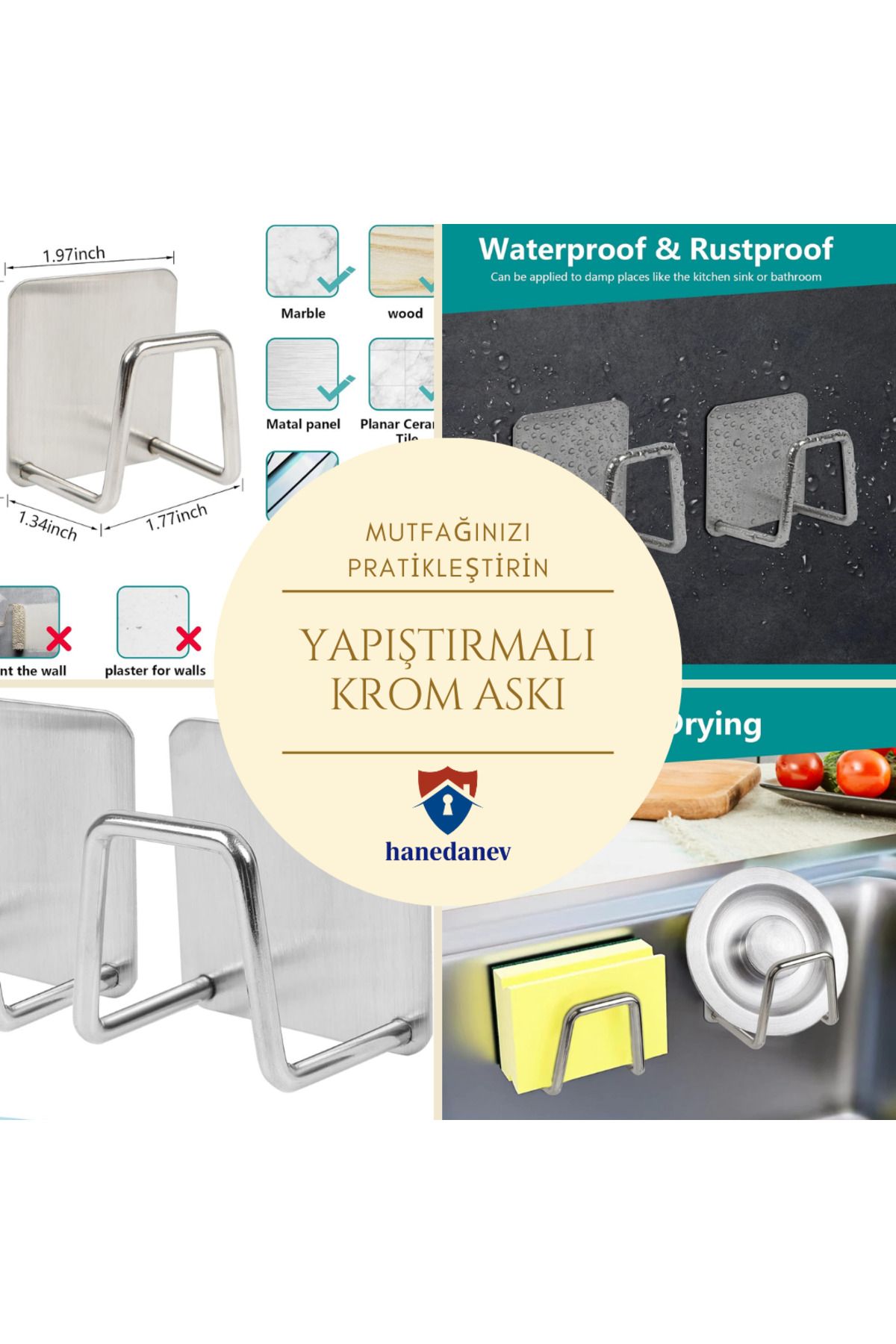 Hanedanev Paslanmaz Çelik Yapıştırmalı Havlu Askısı, Lavabo Sünger Tutucu Askı, Çok Amaçlı Yapışkanlı Askı