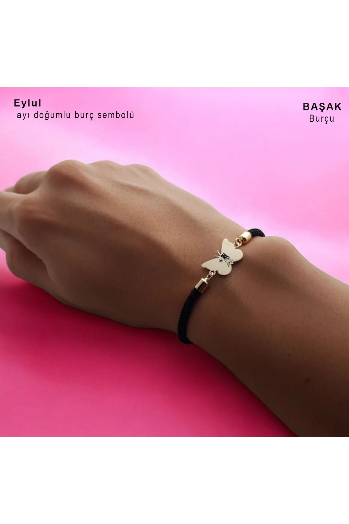 ARCHINO GOLD Başak Burçları İçin Örgü İpli Kelebek Motifli 14 Ayar Altın Plakalı Hediye Bileklik-480burç-siyah