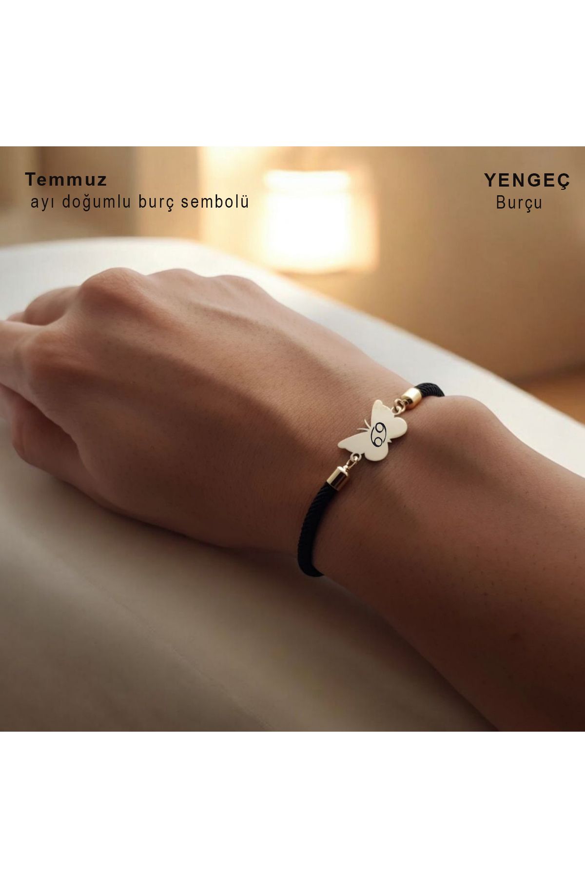 ARCHINO GOLD Temmuz Ayı Doğumlarına Kelebek Motifli 14 Ayar Altın Plakalı Örgü İpli Hediye Bileklik-480ay-siyah