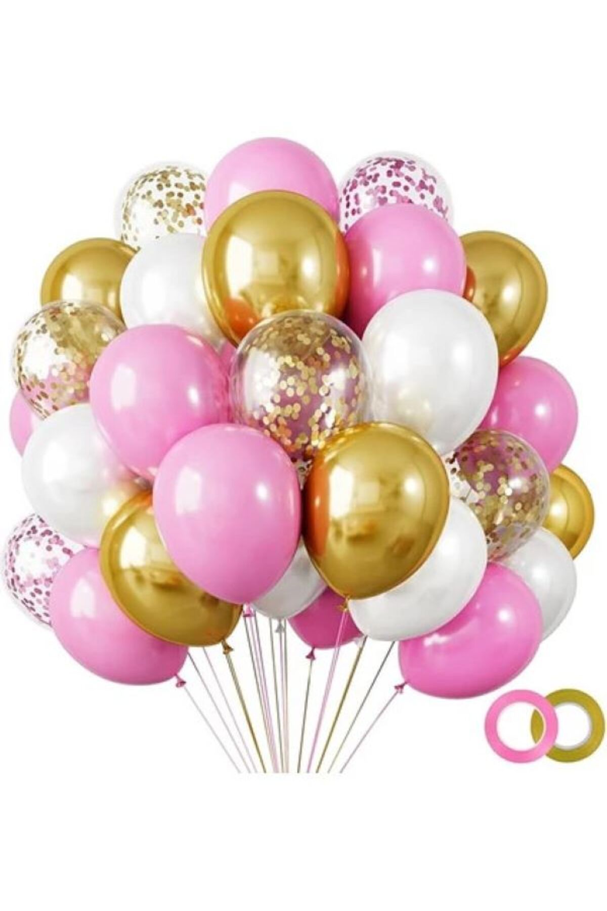 Papatya Party Pembe-Beyaz Krom Gold- şeffaf Konfetili Kaliteli balon seti
