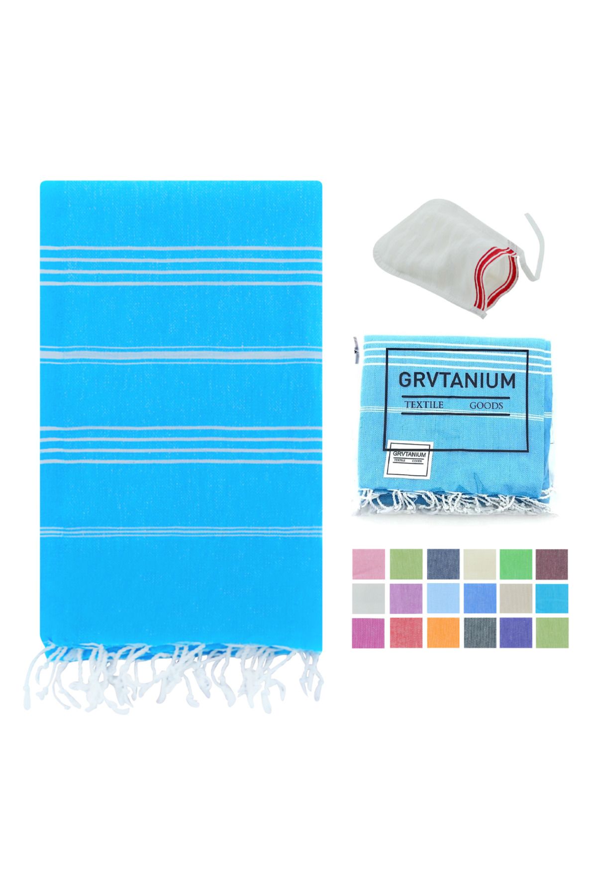 HitDukkan GRVTANIUM Turkuaz %100 Pamuk 180x100cm Peştemal Püsküllü Banyo,Plaj,Hamam Havlusu Kese Hediyeli M2