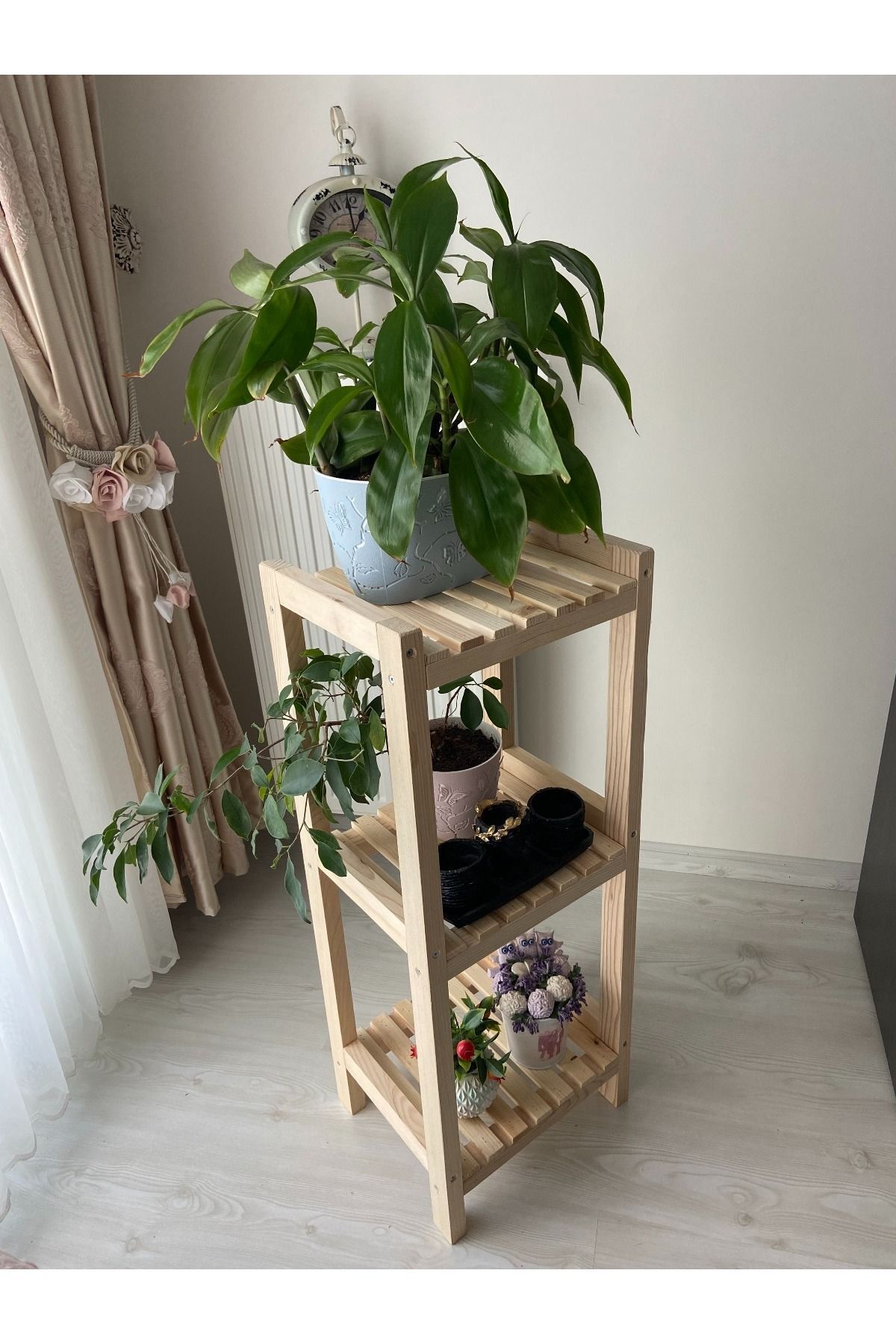 SerenityHaven 3 Katlı 90*35*30 Doğal Ahşap Dekoratif Çiçeklik-ofis-salon-oturma Odası