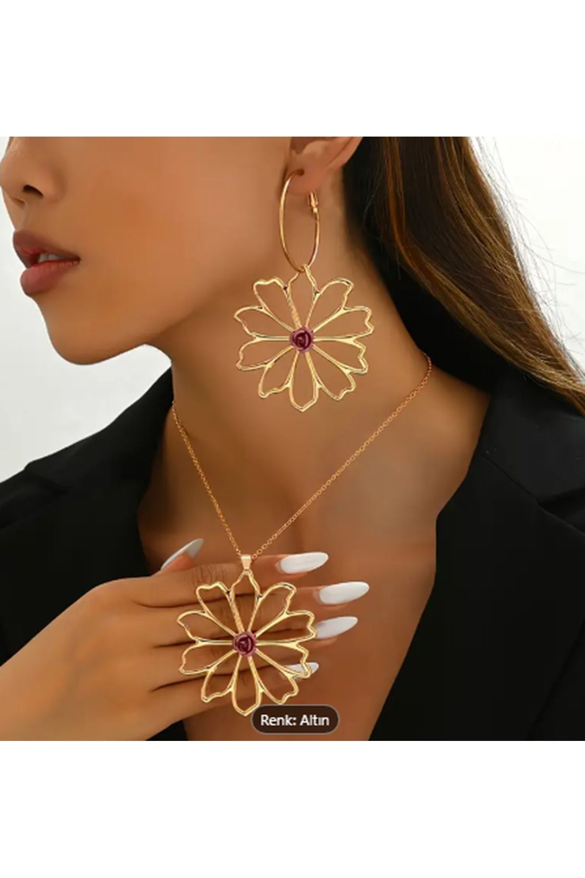 SE Jewellery Collection Selin Ersoy Altın Renk Mor Detaylı Büyük Çiçek Kolye ve Halka Küpe