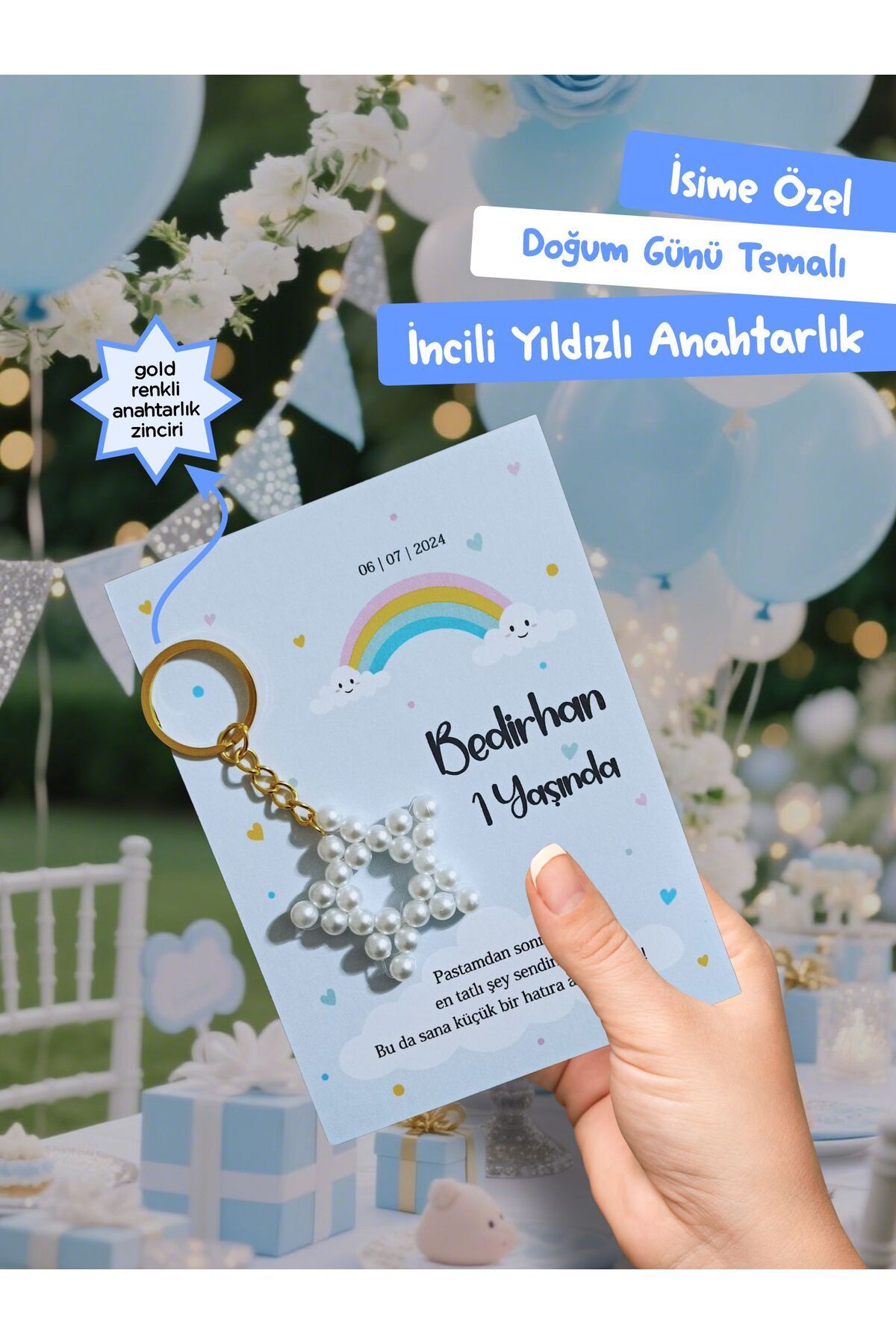 AY Masalı Kişiye Özel Doğum Günü Temalı İncili Anahtarlık - 24 Adet Doğum Günü, Baby Shower, Sünnet Hediyesi