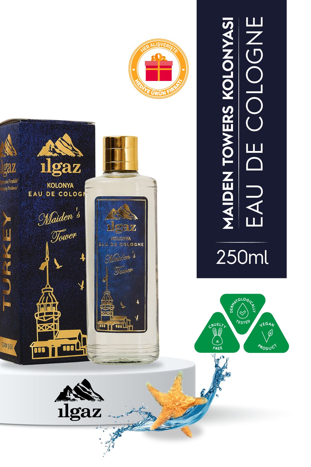 ILGAZ Maiden's Tower Kolonyası | Eau De Cologne Cam Şişe 250 ml | Türkiye Serisi Okyanus Ferahlığı Kokusu