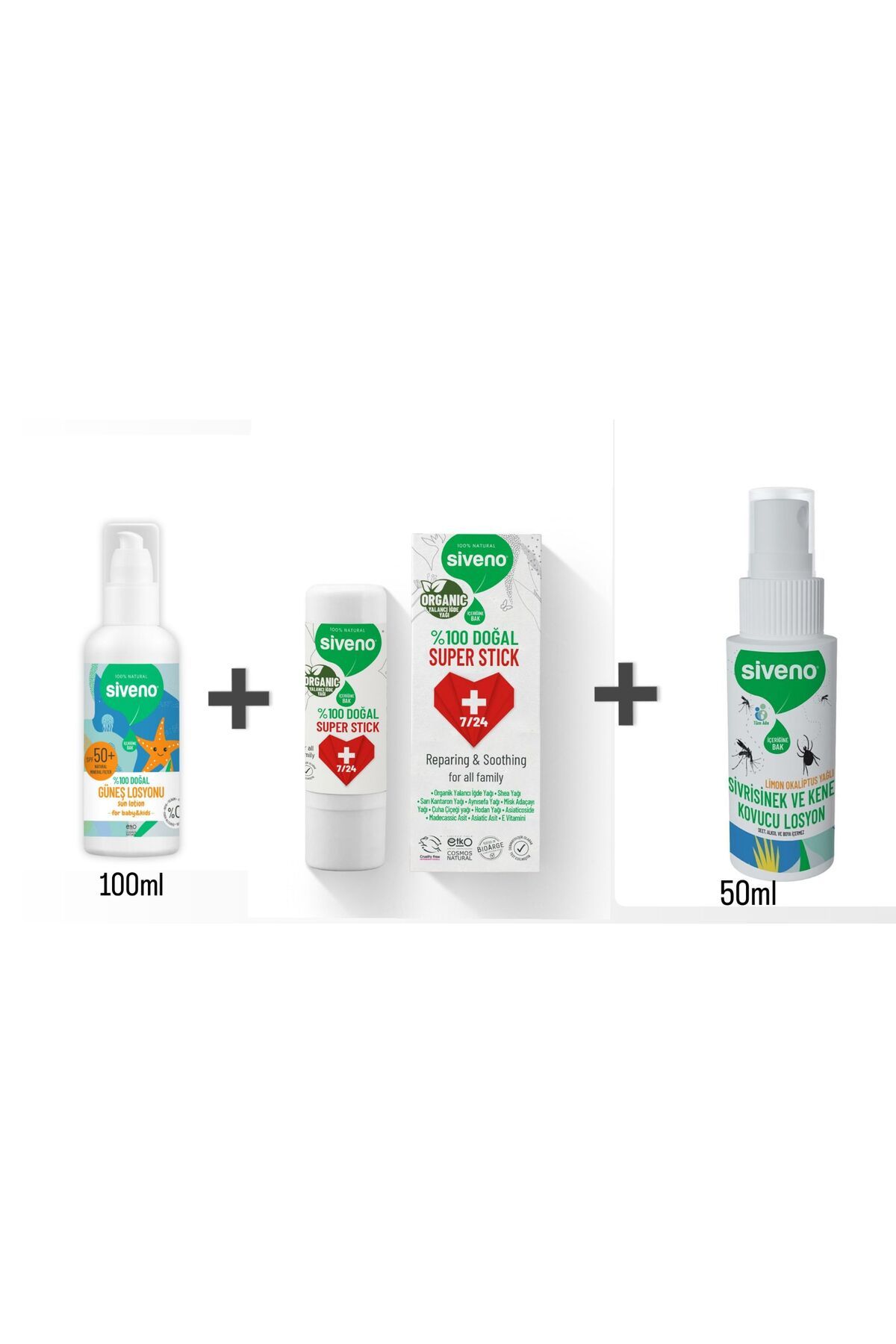 Siveno %100 Doğal Yaz Seti Sinek Kovucu+Yatıştırıcı Stick+Leke Karşıtı Güneş Losyonu
