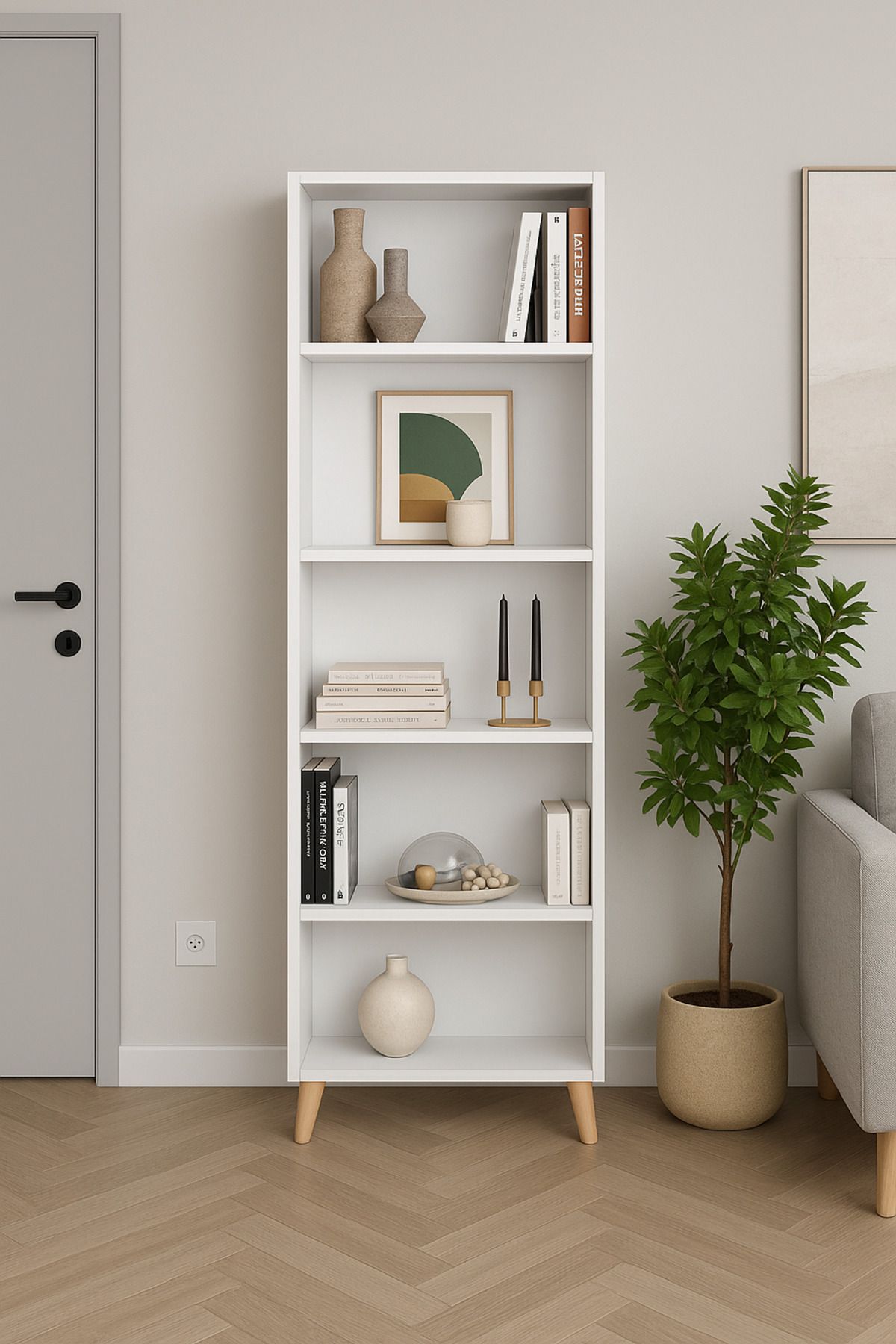 mdfonkraft Minimal Beyaz Kitaplık – 5 Raflı, Kayın Ayaklı