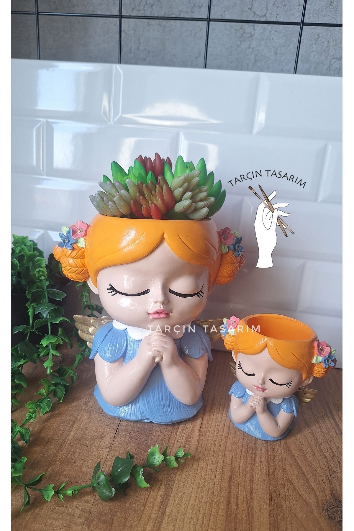 SerenityHaven 18 cm Dua Eden Melek Kız Saksı,2'li Set