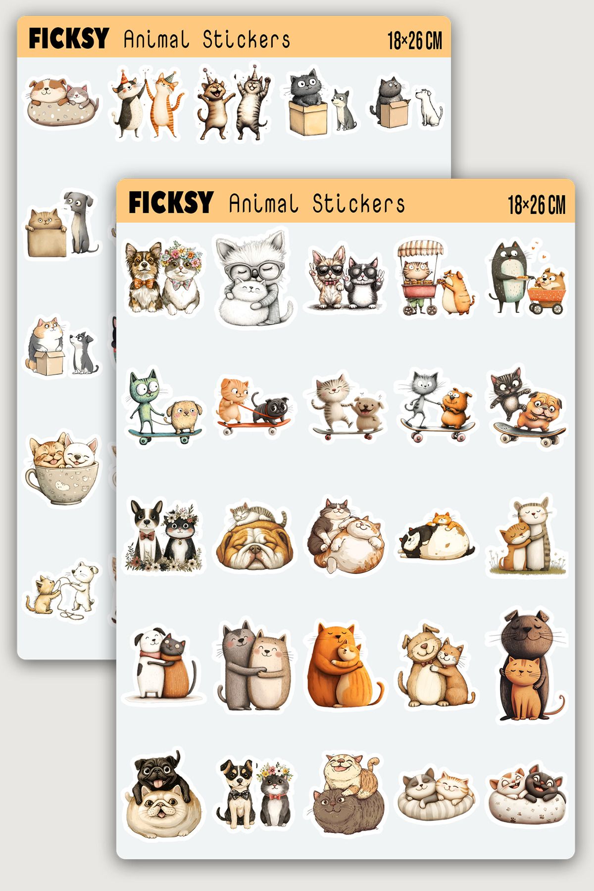 Ficksy Sevimli Kedi ve Köpek Sticker Seti - 50 Adet Etiket Çıkartma