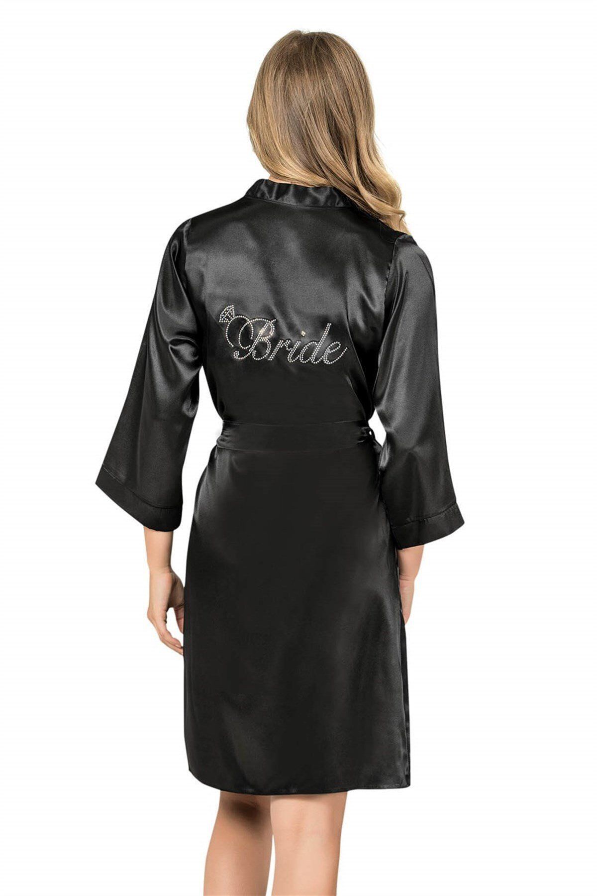 Aria's Closet Siyah Kısa Saten Bride Sabahlık