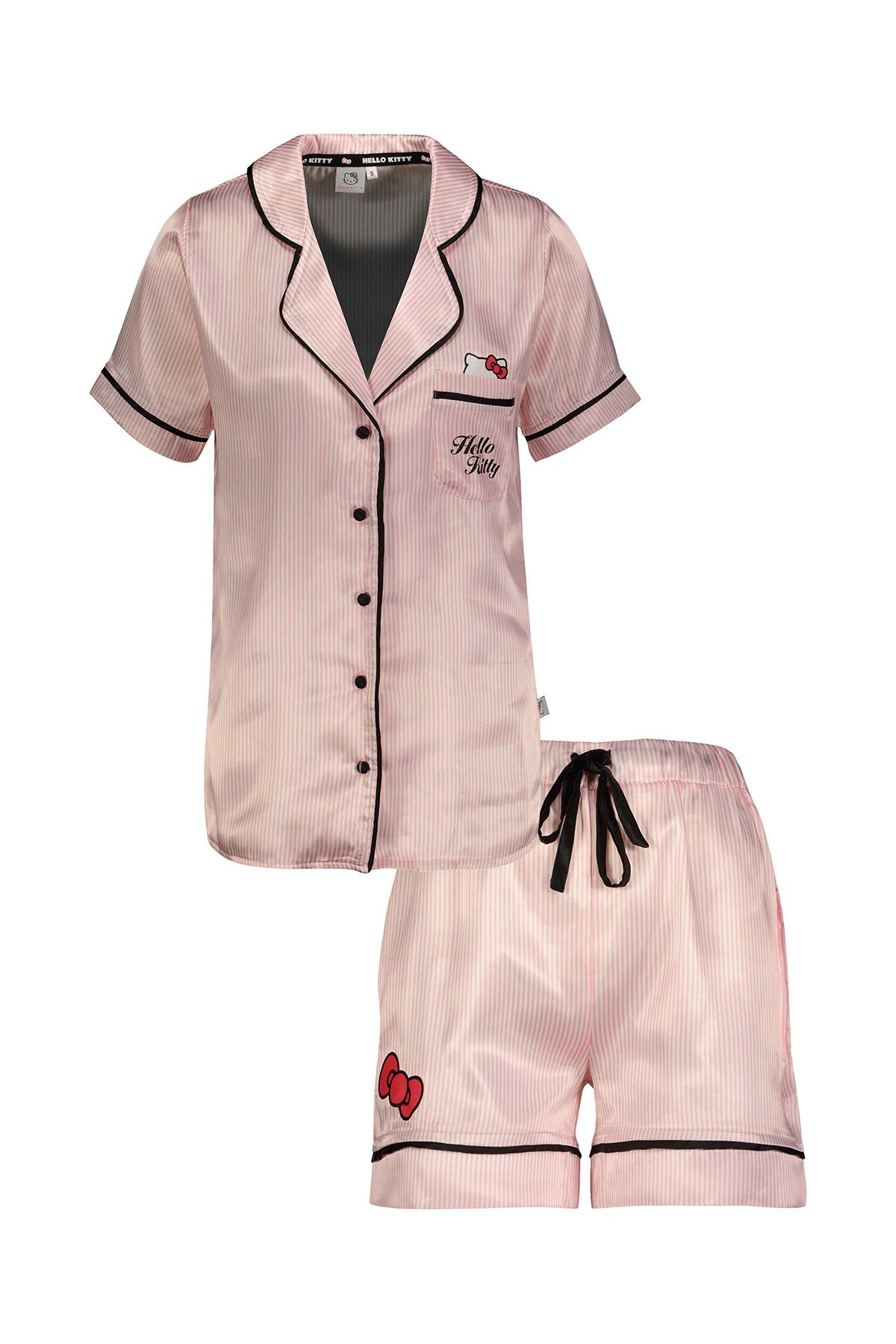 Hello Kitty Lisanslı Düğmeli Kısa Kol Saten Şortlu Pijama Takımı Roz-70