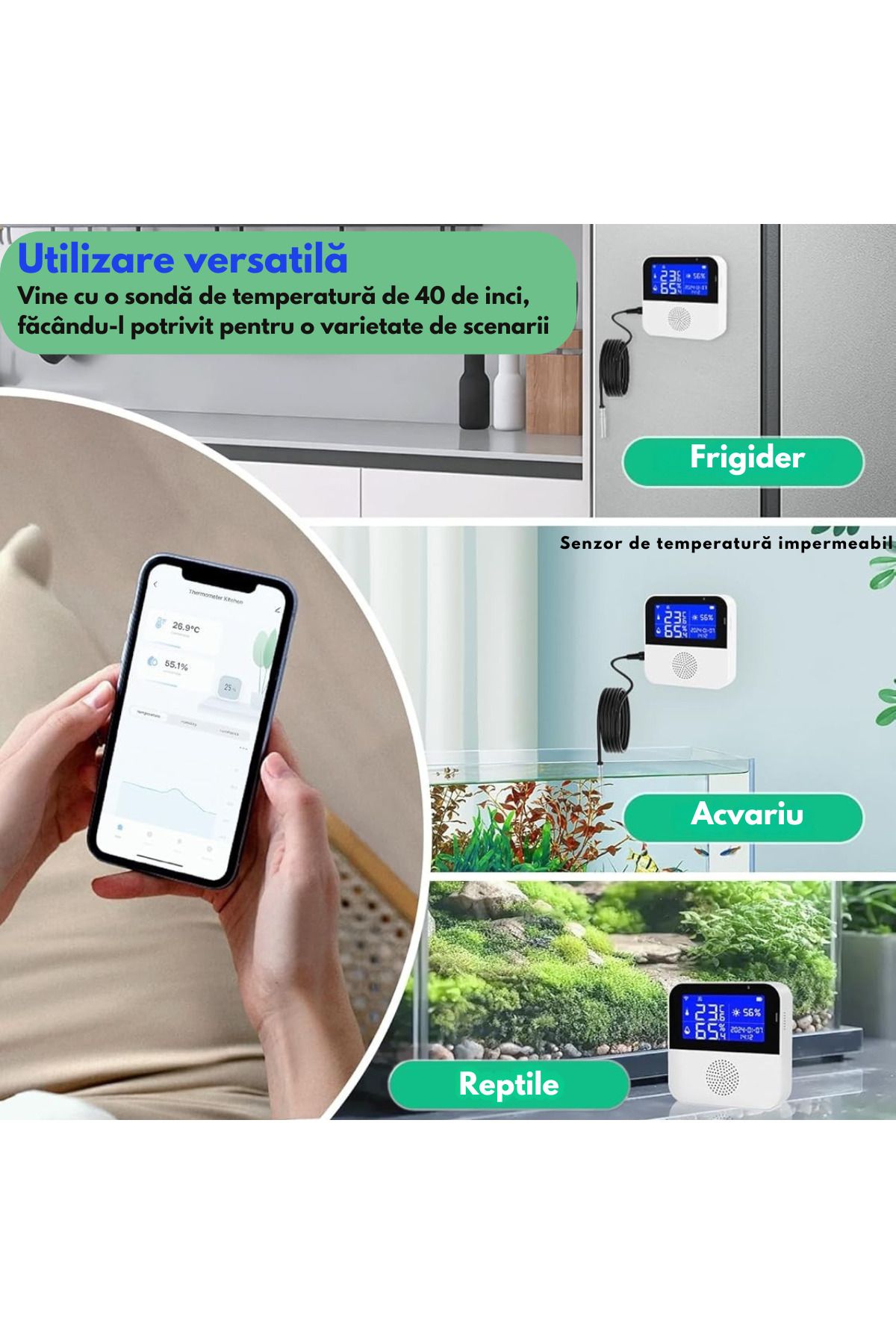 VisionHub-Senzor Temperatura, Umiditate Wifi Inteligent, Termometru Monitorizare Prin Aplicatie, Sonda Externa 5