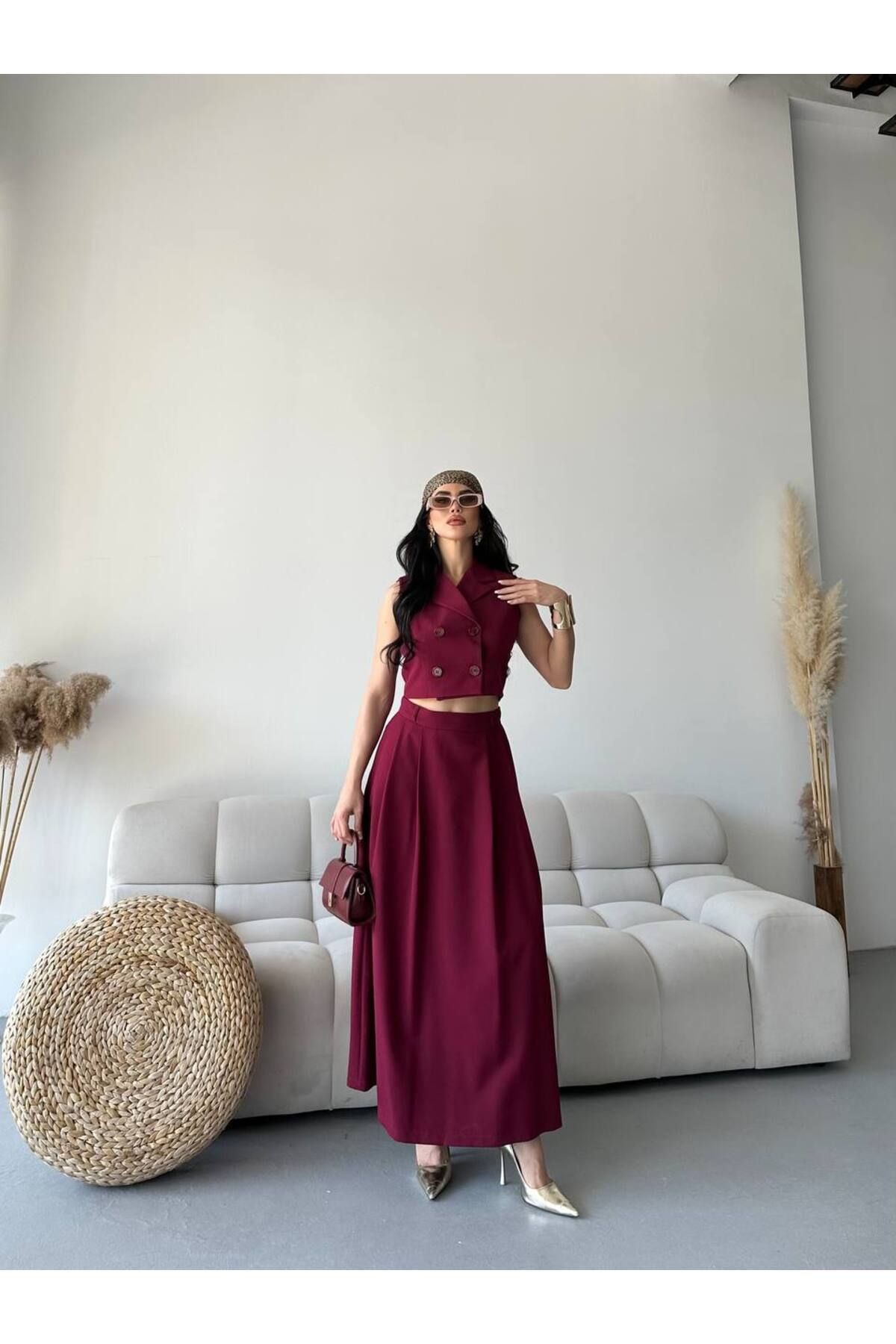 MVK GİYİM Düğme Detaylı Bolero Yelek Etek Takım