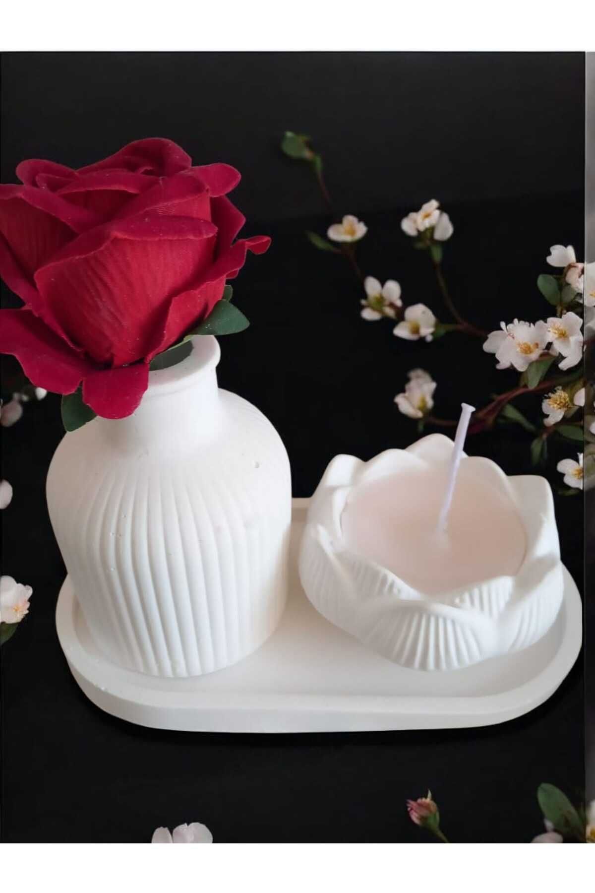 AYŞEM Beyaz Çizgili Vazo,Lotus Kokulu Mum Stant Seti