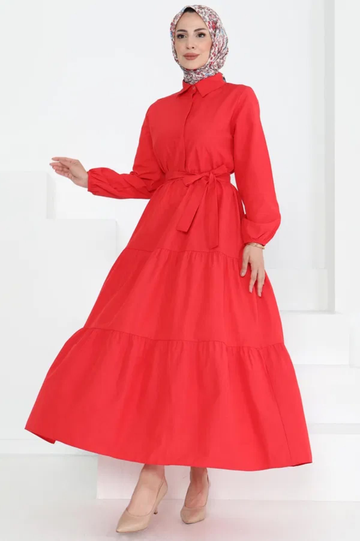 Butik Kuşaklı Kat Kat Elbise