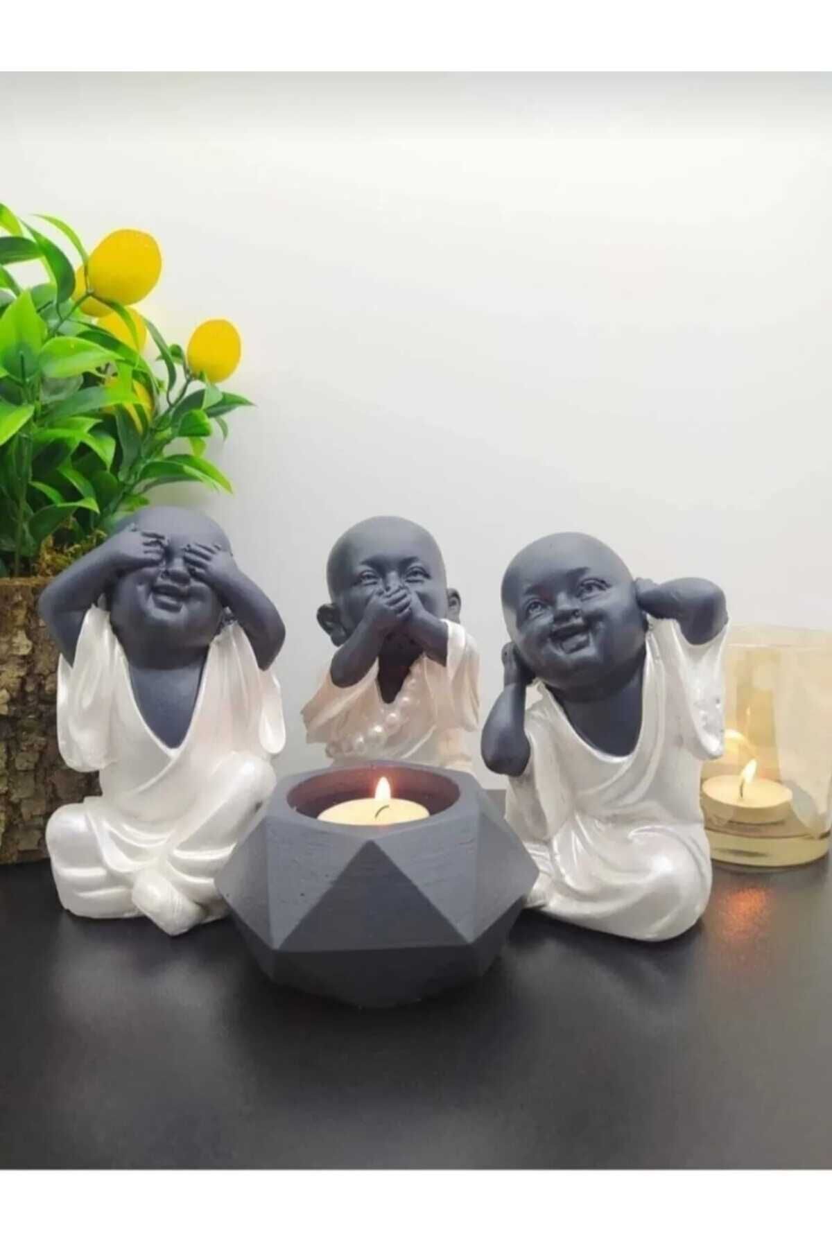 Aftonviol Görmedim Duymadım Bilmiyorum 15 Cm Uzunluk Genişlik 9 Cm 3 Biblo 1 Mumluk Dekoratif Obje, Buda