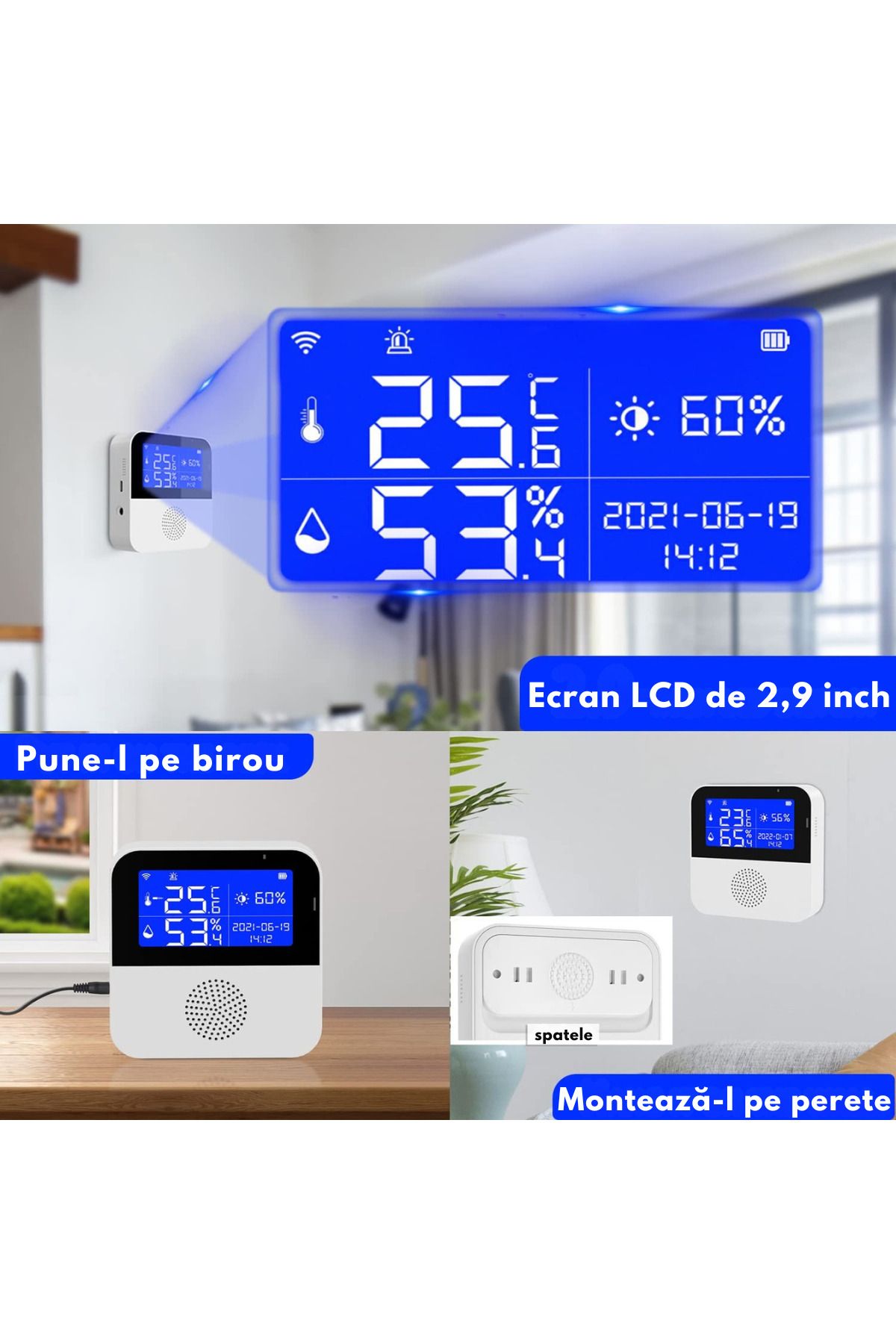 VisionHub-Senzor Temperatura, Umiditate Wifi Inteligent, Termometru Monitorizare Prin Aplicatie, Sonda Externa 3